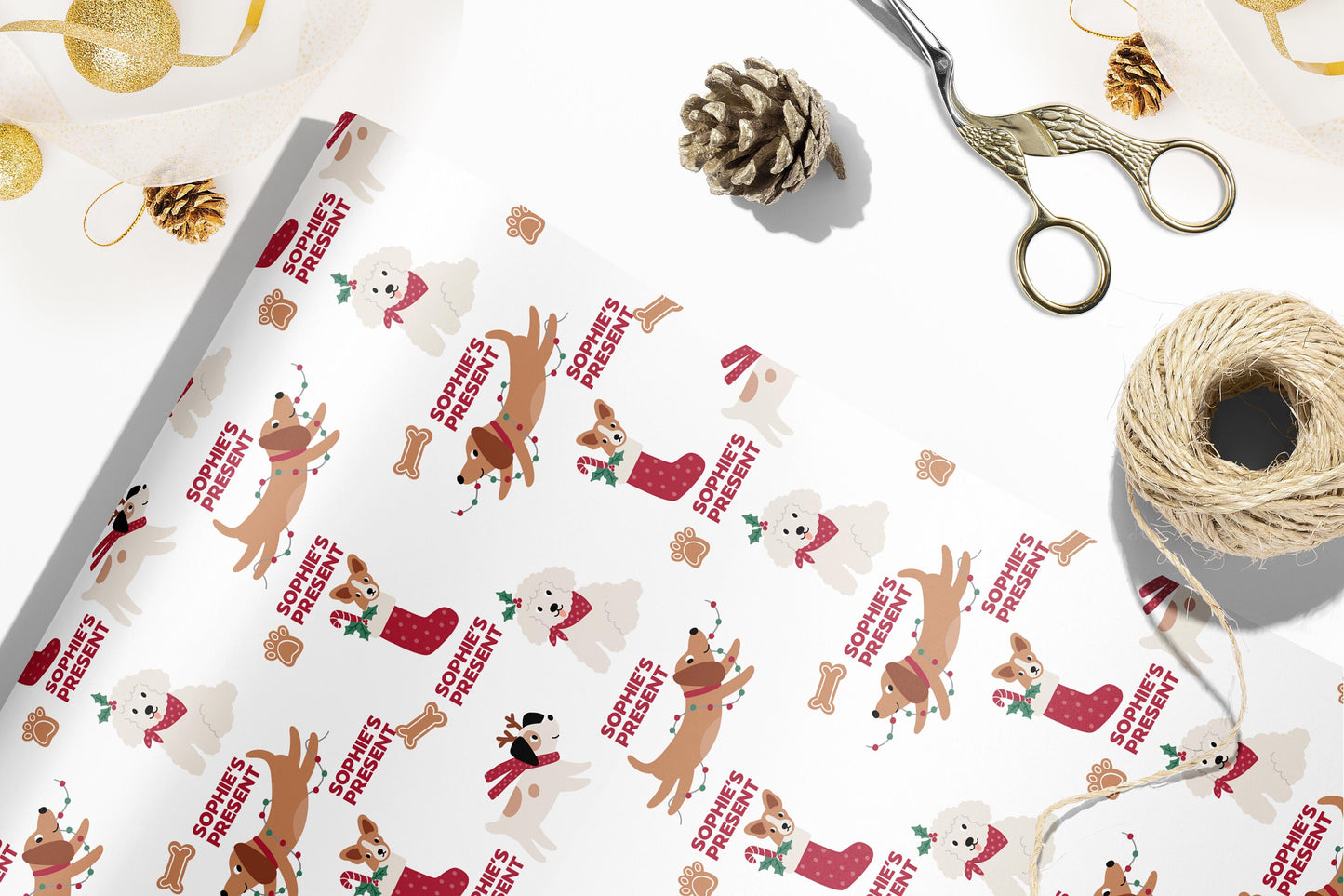 Personalised Cute Dogs Christmas Wrapping Paper, Doggy Luxury Kids Christmas Wrapping Paper, Custom Wrapping paper with name