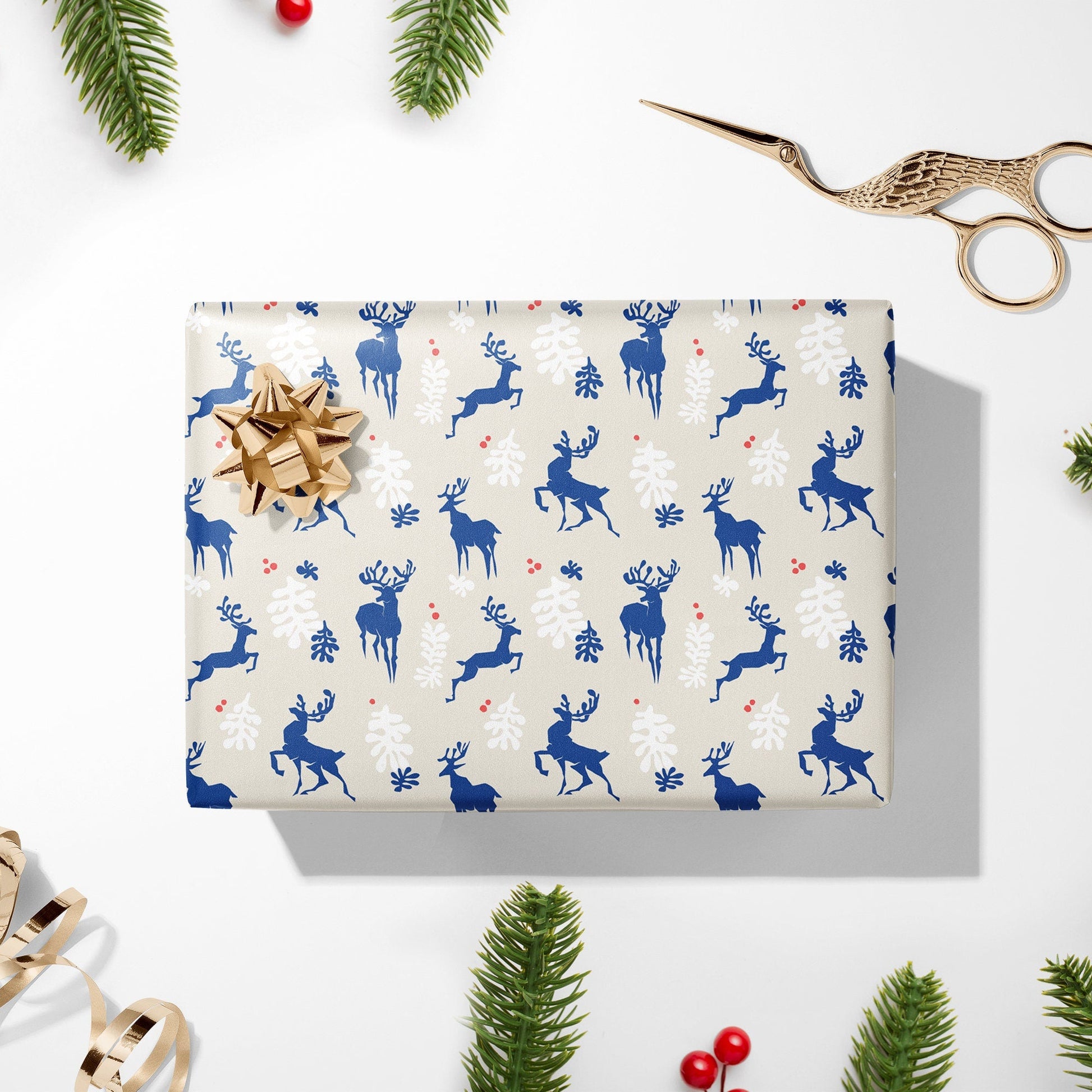 Reindeer Christmas Wrapping Paper, Henri Matisse Inspired Gift Wrap, Festive Wrapping Paper, Blue Gift Wrapping Paper, gift wrap for him