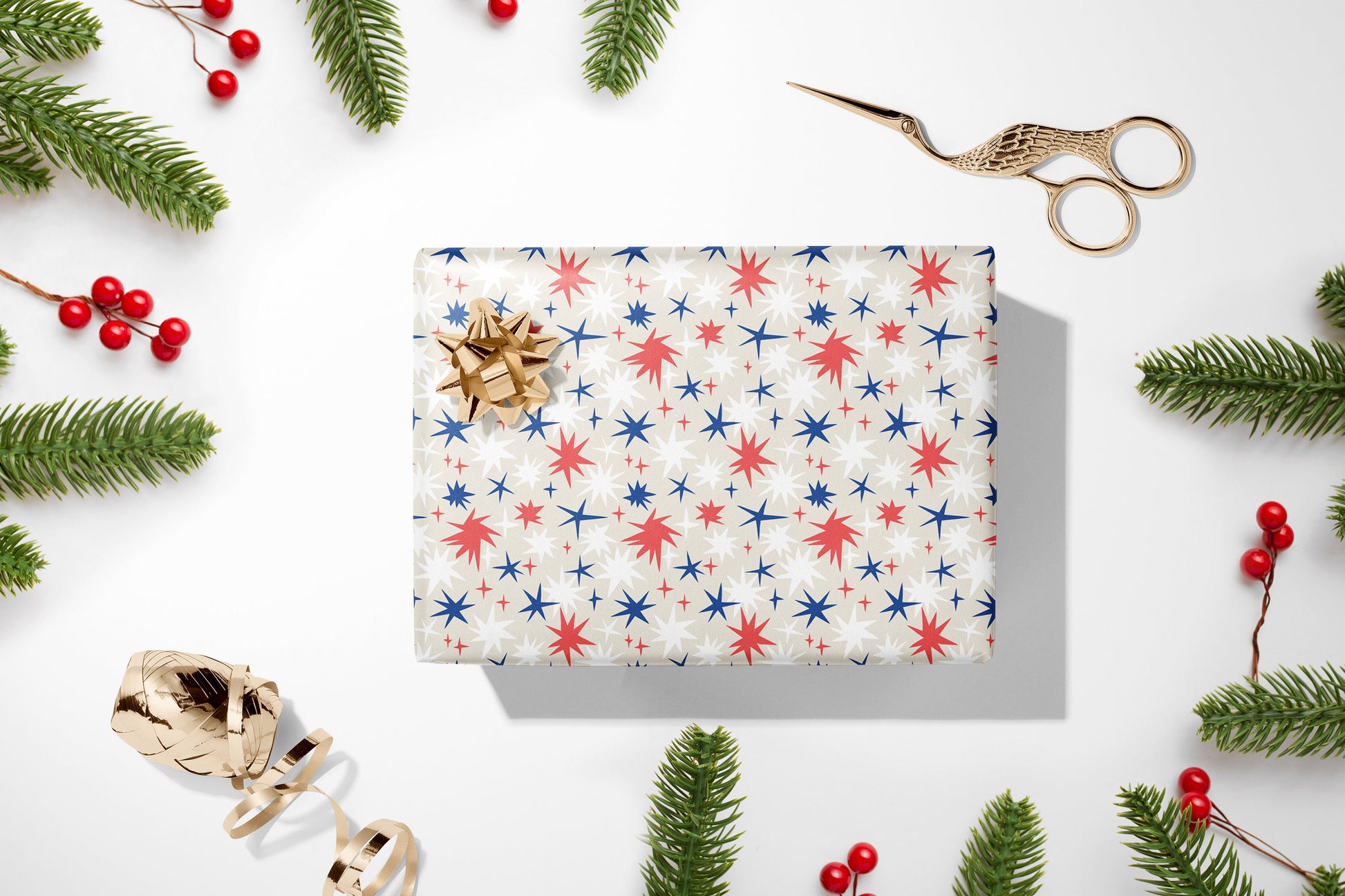 Luxury Christmas Wrapping Paper, Henri Matisse Inspired Stars Gift Wrap, Festive Wrapping Paper, Red and Blue Gift Wrapping Paper