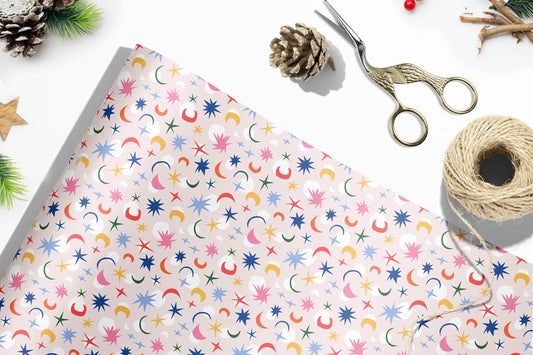 Stars and Moon Multicolour Gift Wrap, Luxury Christmas Wrapping Paper, Pretty Wrapping Paper, Pink Birthday Gift Wrapping Paper