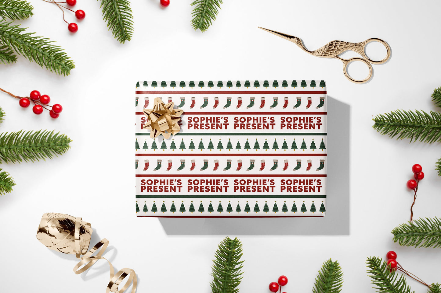 Personalised Christmas Wrapping Paper, Luxury Xmas Gift Wrap with Name, Red and Green Modern Christmas Wrapping Paper