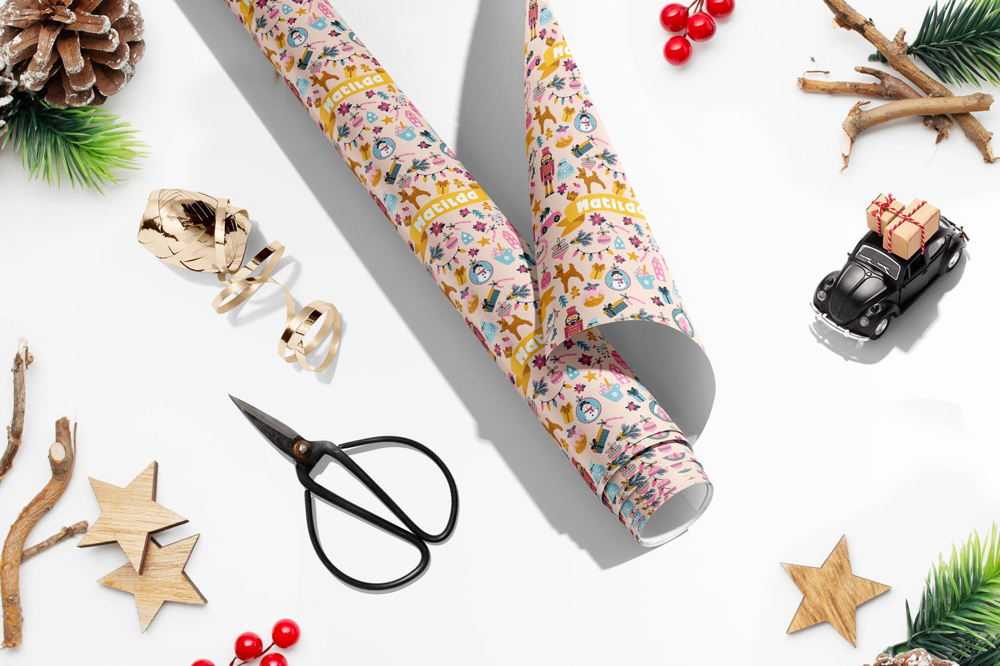 Personalised Pink Christmas Wrapping Paper, Luxury Gift Wrap, Festive Wrapping Paper, Gift Wrap, Wrapping paper with name, Girls Wrap Paper