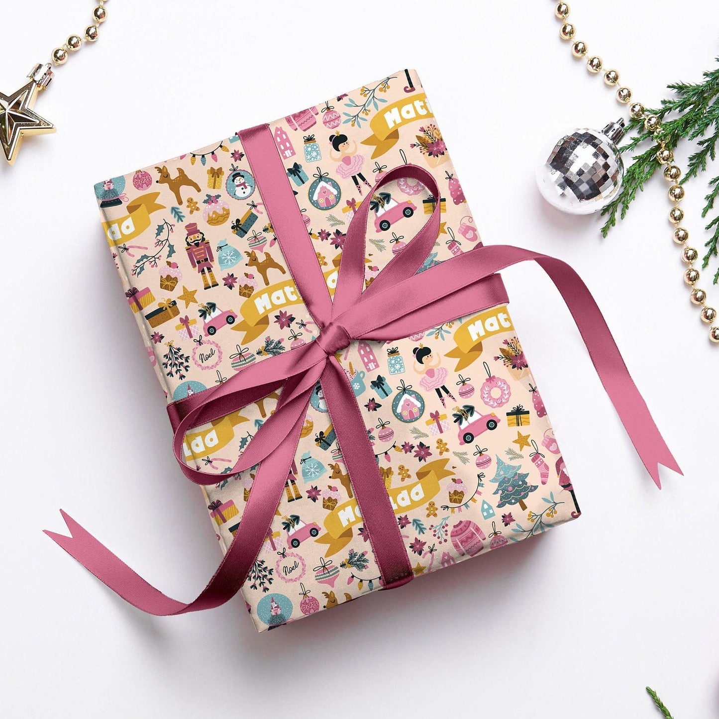 Personalised Pink Christmas Wrapping Paper, Luxury Gift Wrap, Festive Wrapping Paper, Gift Wrap, Wrapping paper with name, Girls Wrap Paper