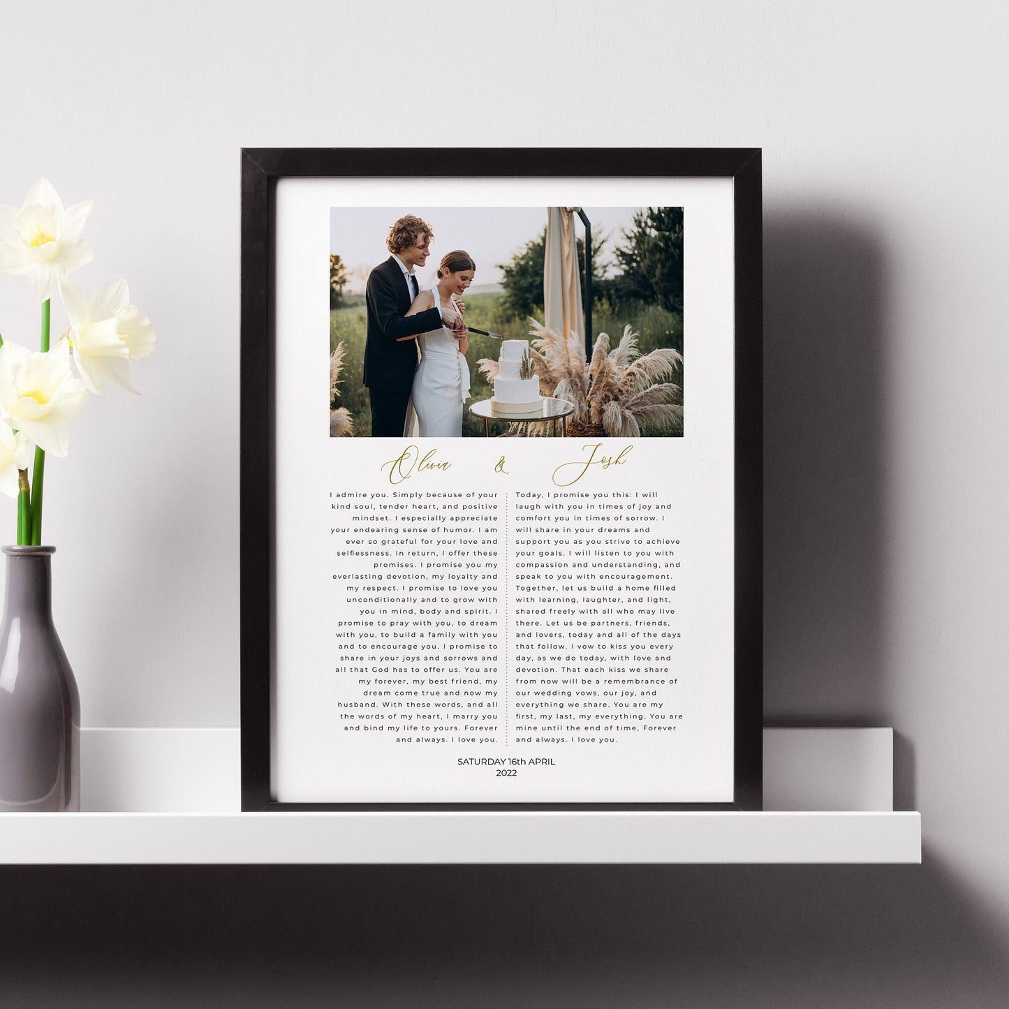 Wedding Vows Photo Print, Personalised Gift for Wife, Husband, Framed Wedding Vows Print