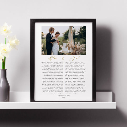 Wedding Vows Photo Print, Personalised Gift for Wife, Husband, Framed Wedding Vows Print