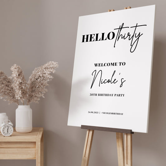 Hello Thirty Birthday Party Sign, Plain White Modern Birthday Sign, 30th Birthday Welcome Sign Party, Black and White 30th Birthday Party