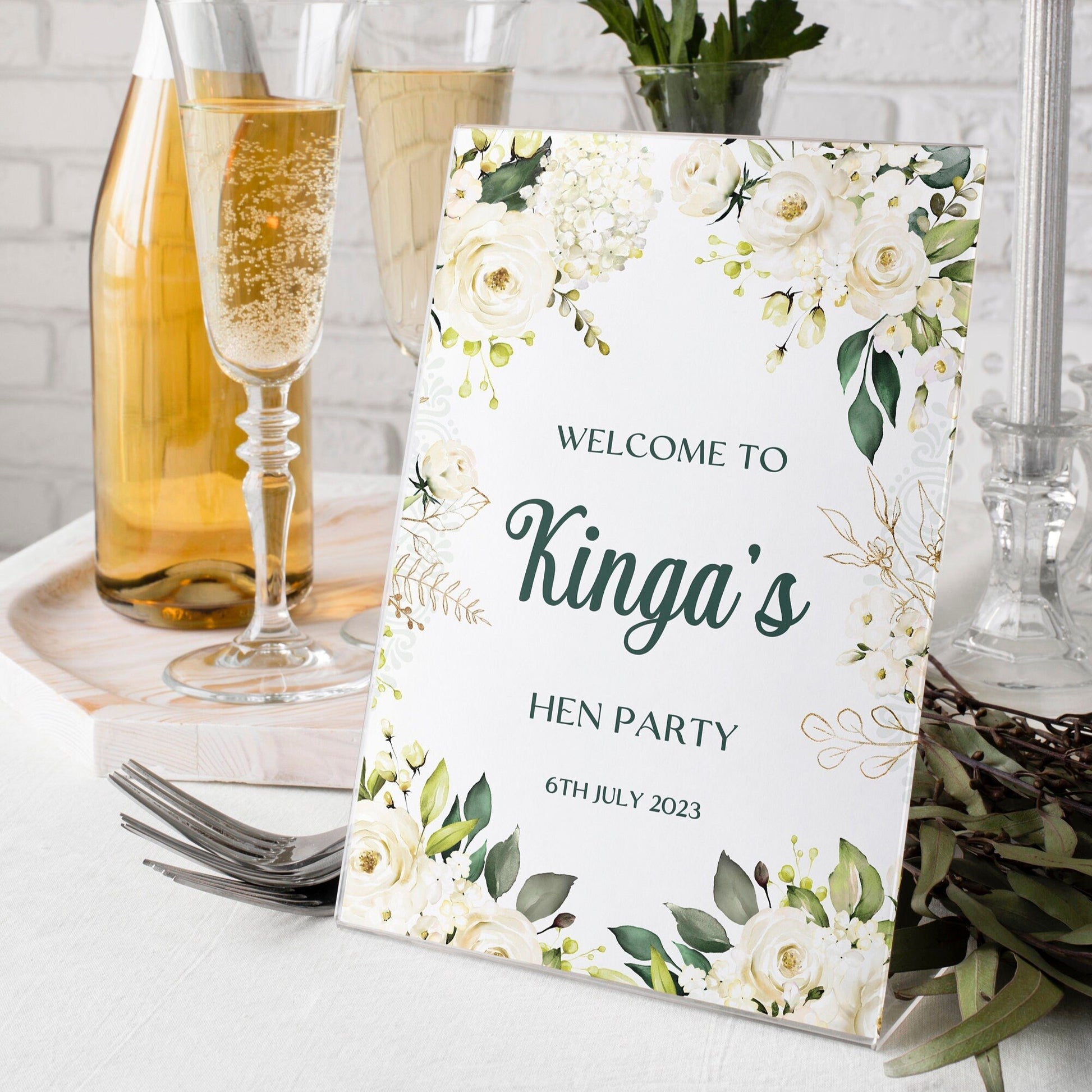 White Rose Hen Party Welcome Sign, Hen Do Welcome Sign, Bridal Shower Decorations, Greenery Bridal Shower, Classic Hen Party Sign