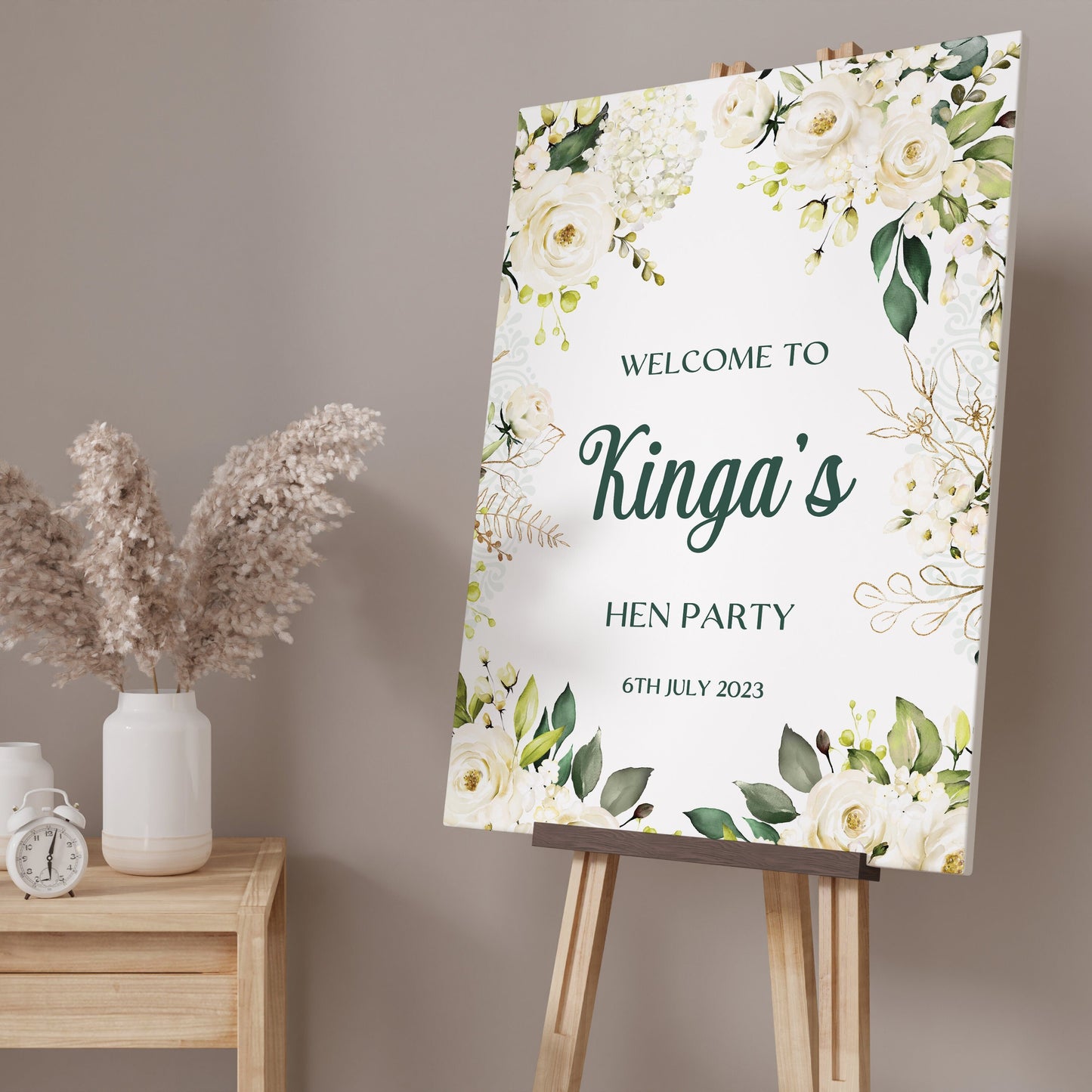 White Rose Hen Party Welcome Sign, Hen Do Welcome Sign, Bridal Shower Decorations, Greenery Bridal Shower, Classic Hen Party Sign