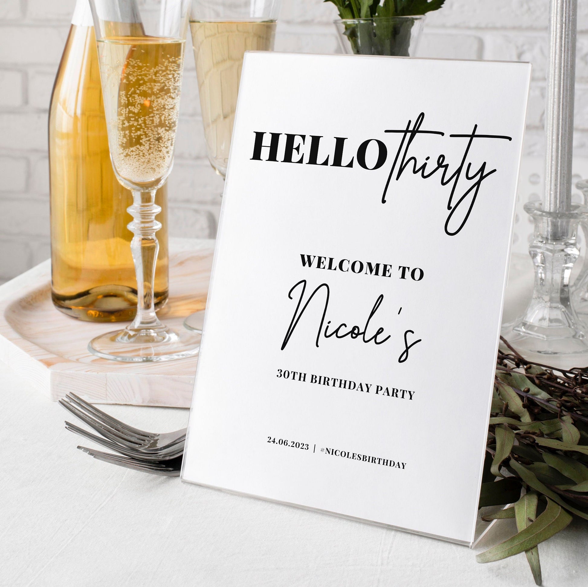 Hello Thirty Birthday Party Sign, Plain White Modern Birthday Sign, 30th Birthday Welcome Sign Party, Black and White 30th Birthday Party