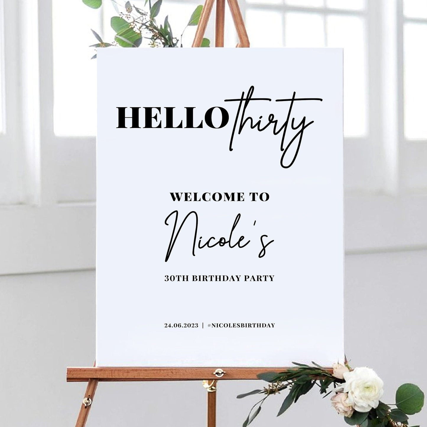 Hello Thirty Birthday Party Sign, Plain White Modern Birthday Sign, 30th Birthday Welcome Sign Party, Black and White 30th Birthday Party