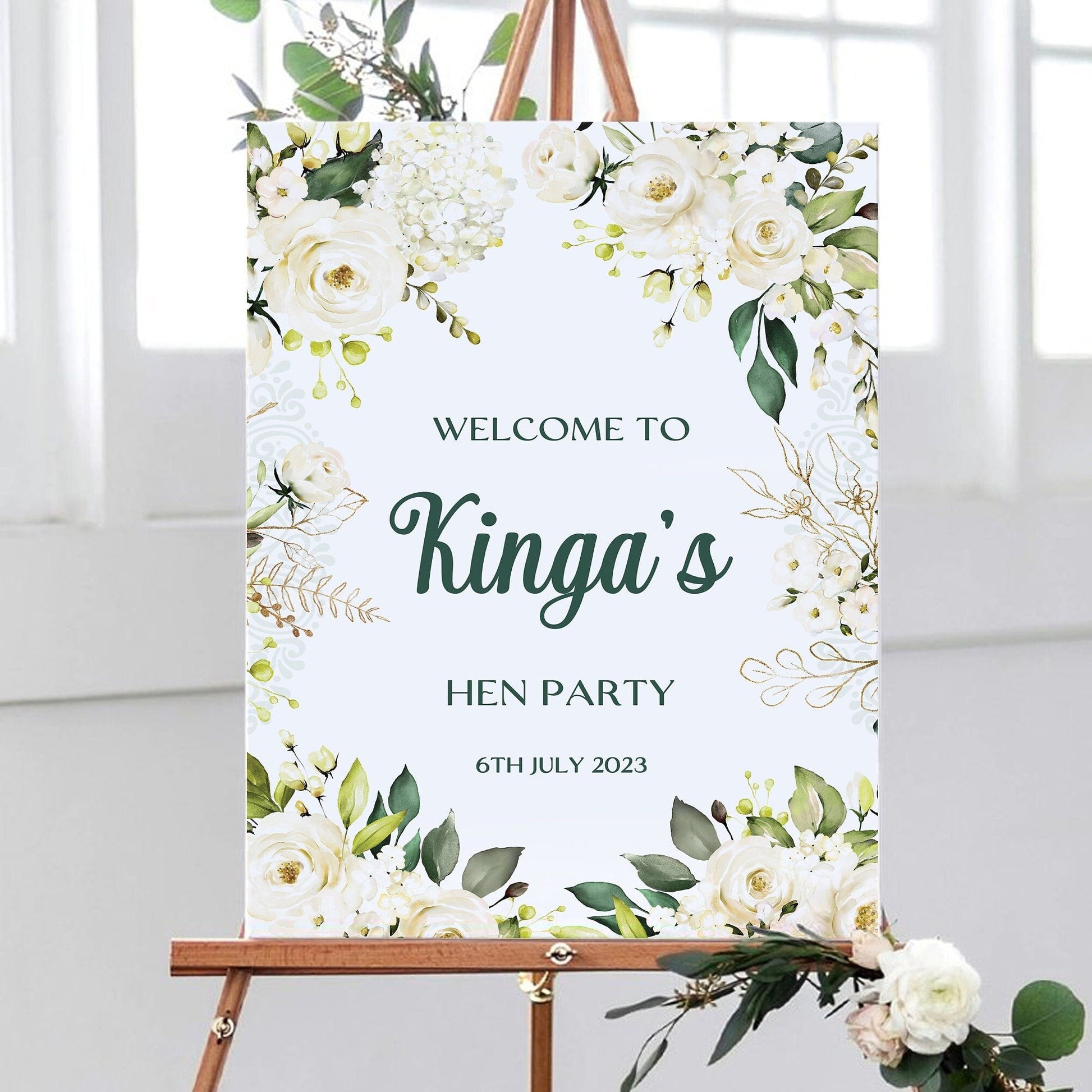 White Rose Hen Party Welcome Sign, Hen Do Welcome Sign, Bridal Shower Decorations, Greenery Bridal Shower, Classic Hen Party Sign