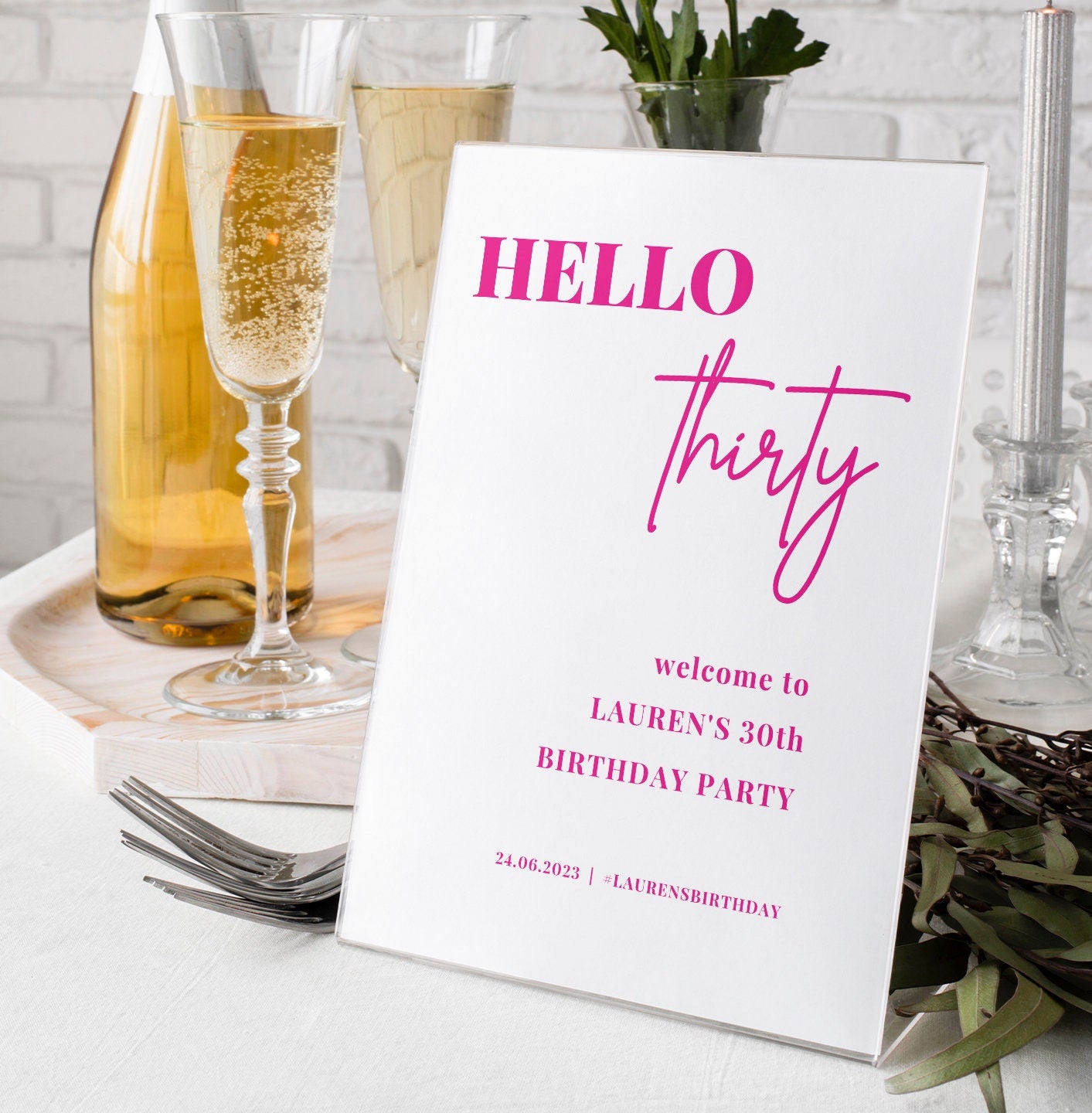 Hello 30 Welcome Party Sign, Pink and White 30th Birthday Party Sign, Minimalist Birthday Party Welcome Sign, ANY AGE