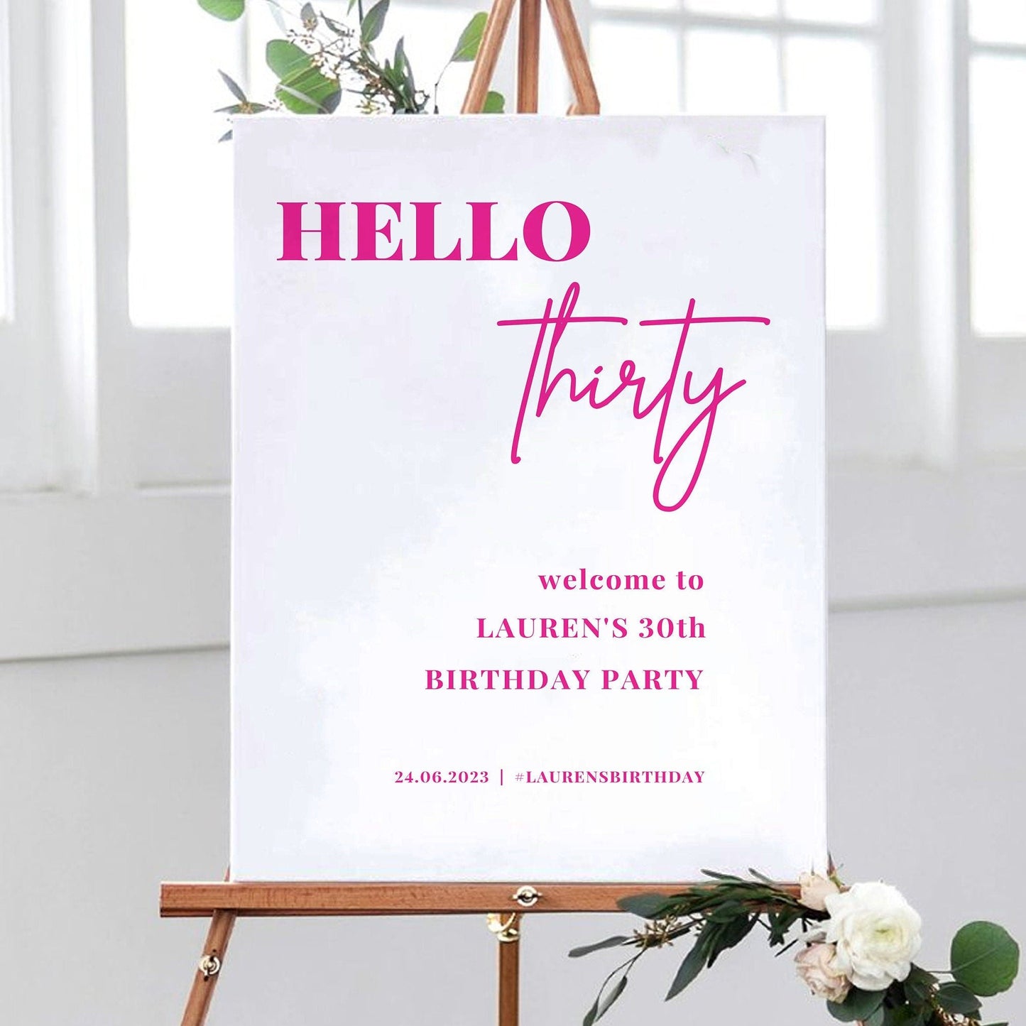 Hello 30 Welcome Party Sign, Pink and White 30th Birthday Party Sign, Minimalist Birthday Party Welcome Sign, ANY AGE