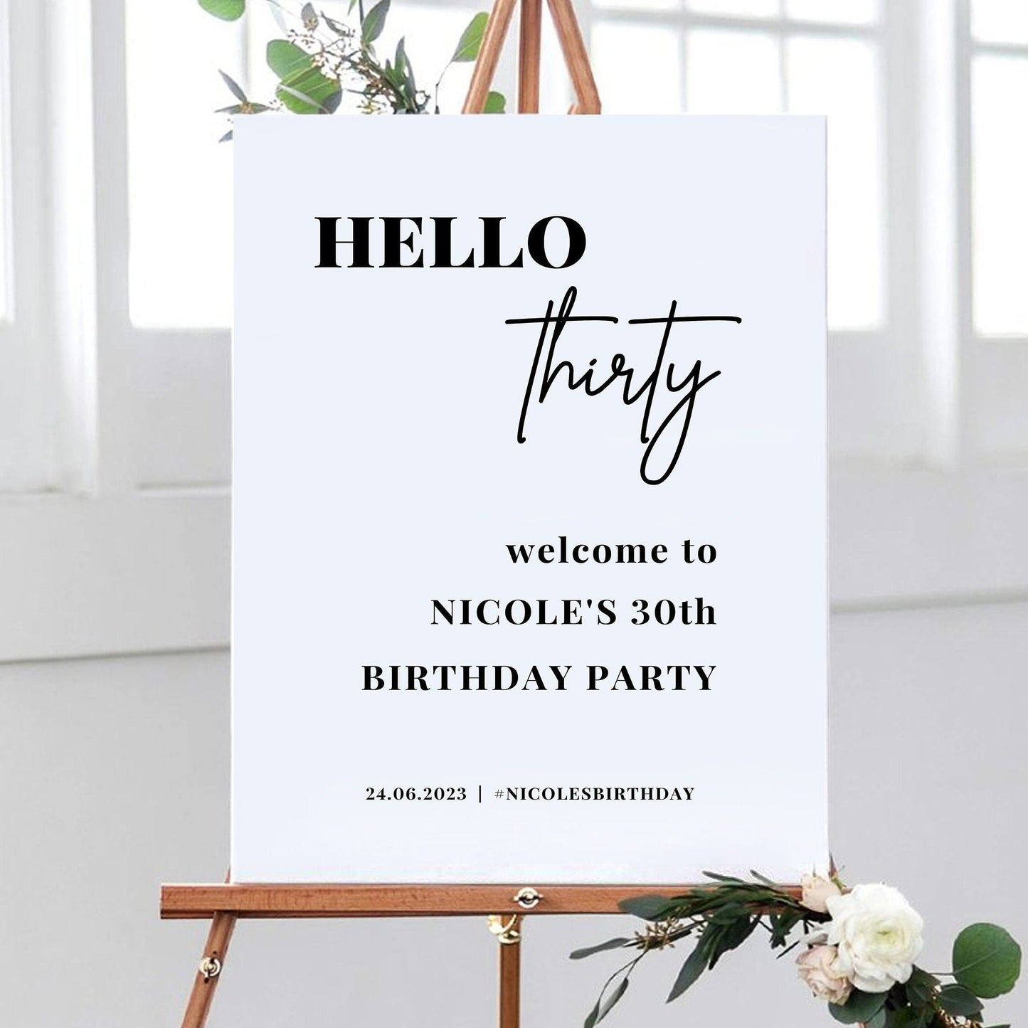 Hello 30 Welcome Party Sign, Black and White 30th Birthday Party Sign, Minimalist Birthday Party Welcome Sign, ANY AGE