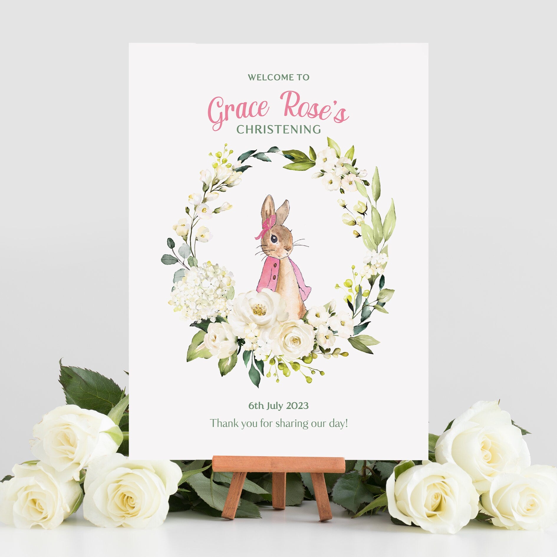 Christening Welcome Sign, Pink Rabbit Christening Sign, Girl's Christening Decor, Girl's Baptism Welcome Sign, Girls Pink Christening Party