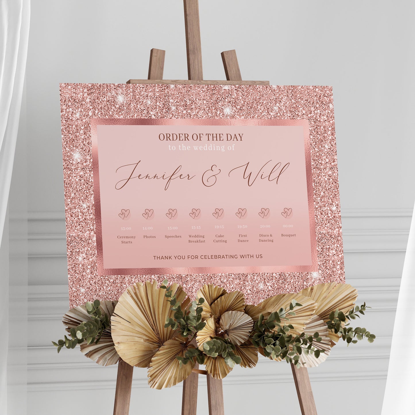 Rose Gold Wedding Order of the Day Sign, Dusky Pink Sparkly Wedding Timeline, Rose Gold Wedding Decorations, Rose Wedding Order of the day