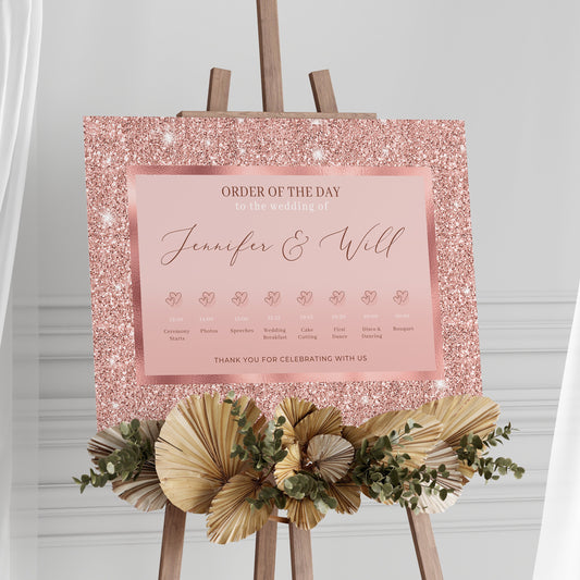 Rose Gold Wedding Order of the Day Sign, Dusky Pink Sparkly Wedding Timeline, Rose Gold Wedding Decorations, Rose Wedding Order of the day