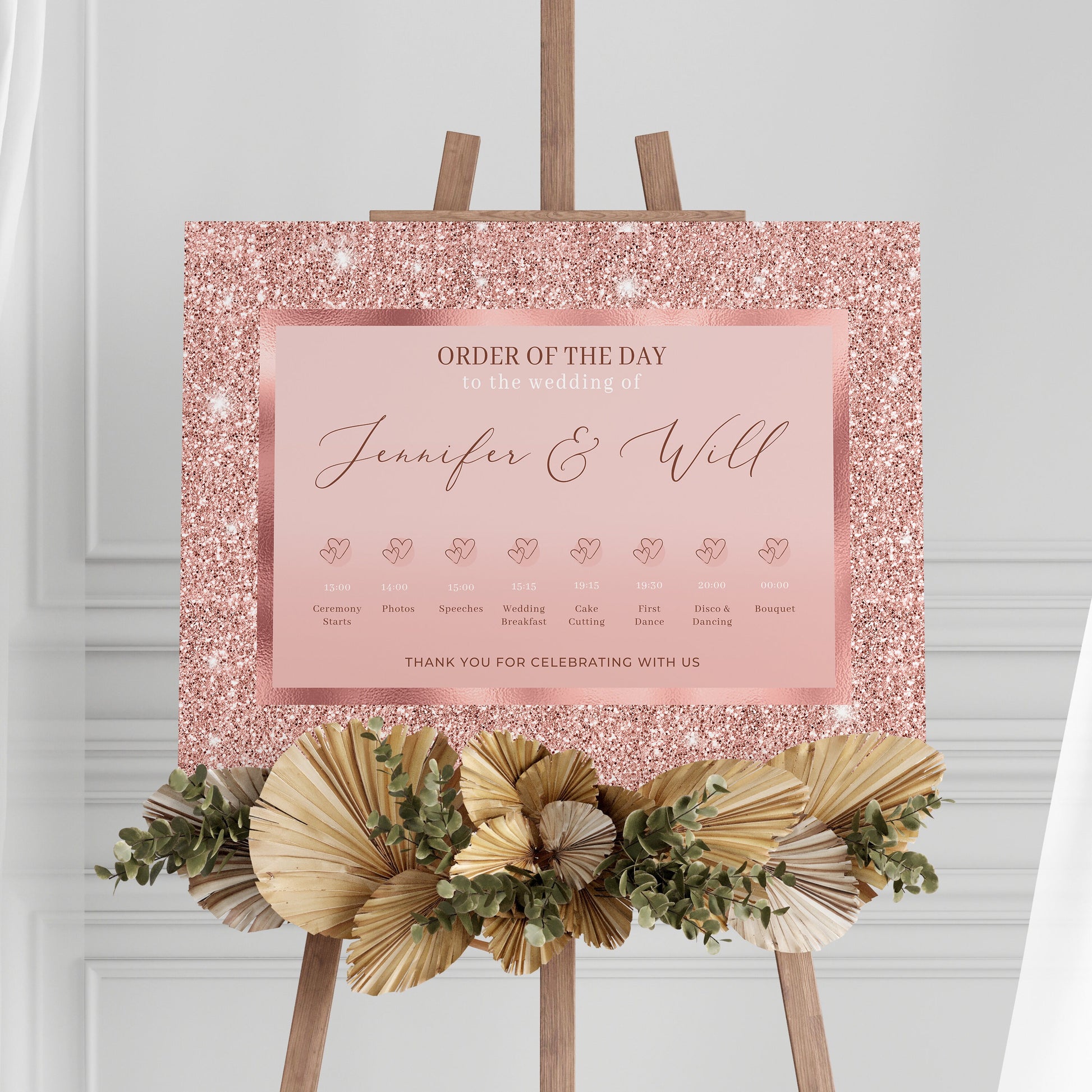 Rose Gold Wedding Order of the Day Sign, Dusky Pink Sparkly Wedding Timeline, Rose Gold Wedding Decorations, Rose Wedding Order of the day