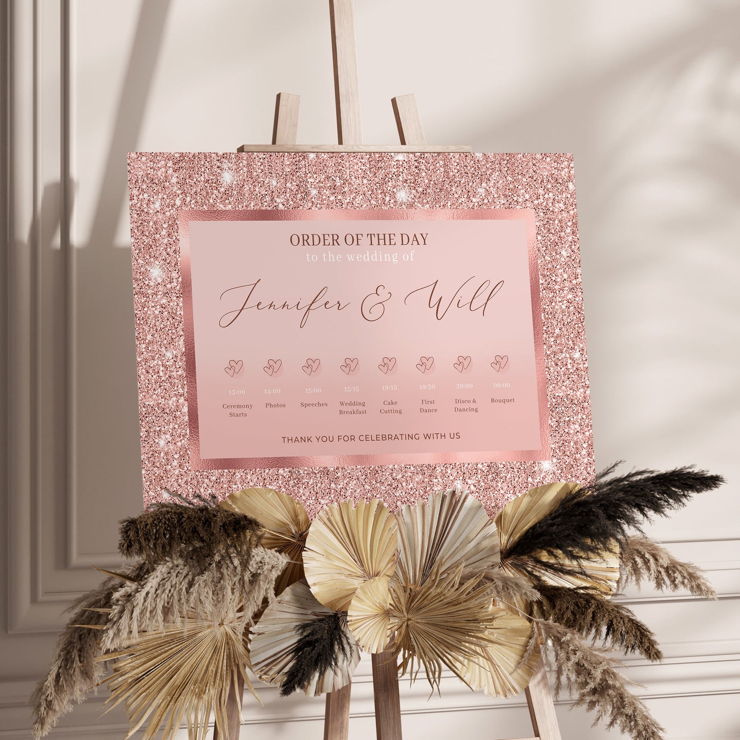 Rose Gold Wedding Order of the Day Sign, Dusky Pink Sparkly Wedding Timeline, Rose Gold Wedding Decorations, Rose Wedding Order of the day