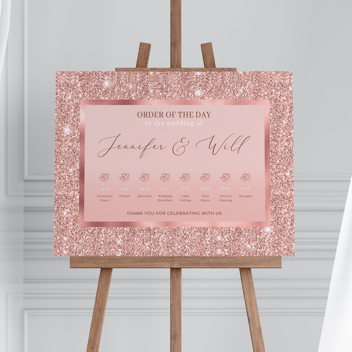 Rose Gold Wedding Order of the Day Sign, Dusky Pink Sparkly Wedding Timeline, Rose Gold Wedding Decorations, Rose Wedding Order of the day