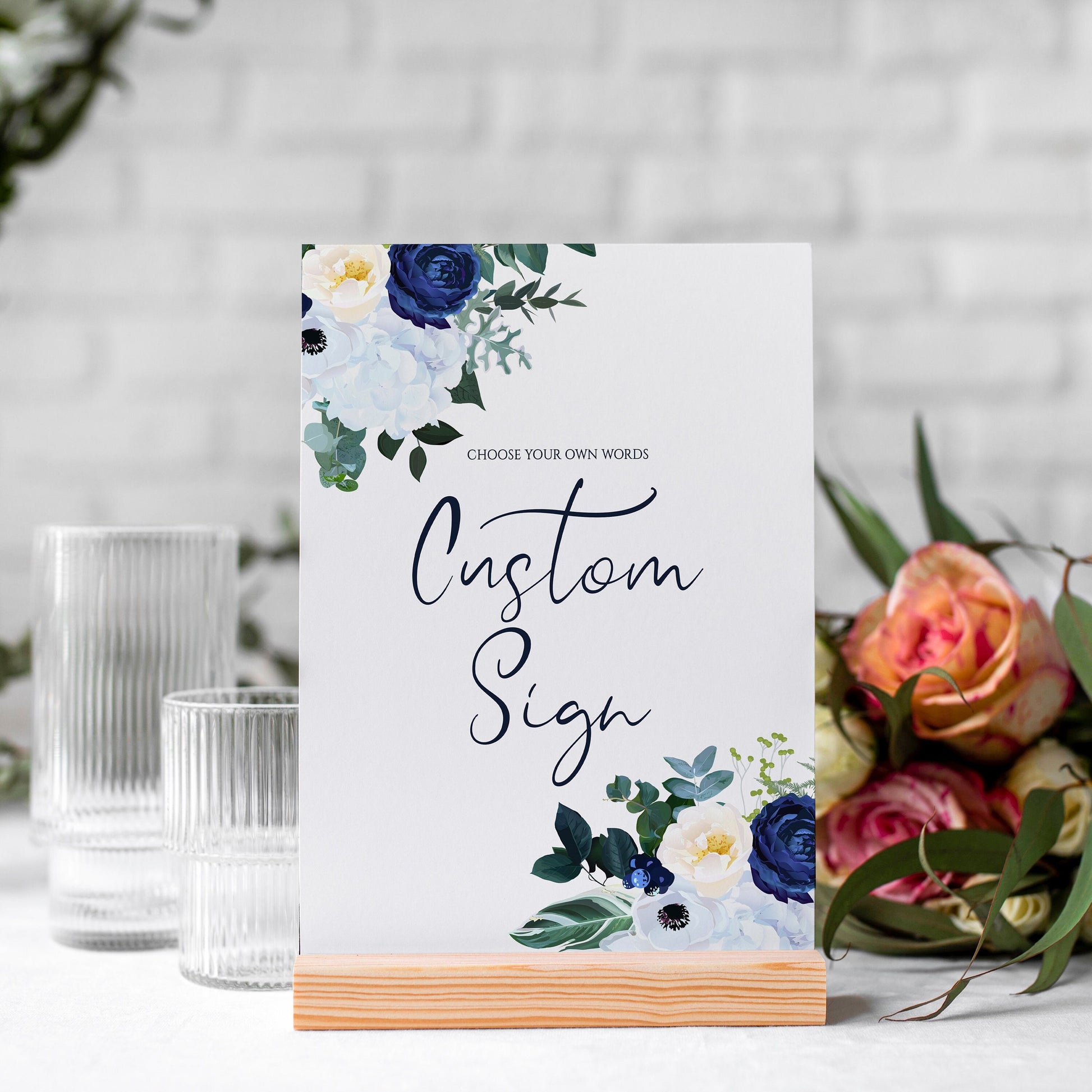 NAVY WHITE Wedding Custom Sign, Wedding Custom Sign, Navy and White Floral Wedding Sign, On the Day Wedding Stationery