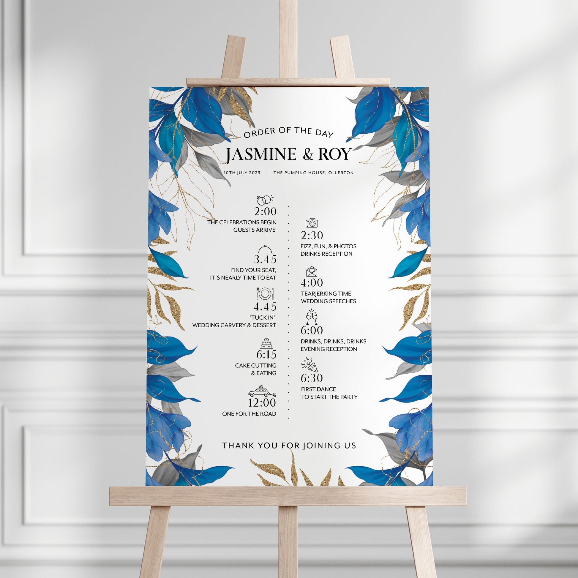 Blue and Gold Timeline Sign, Blue leaves Wedding Order of Events Sign, Welcome to our Wedding Sign, Wedding Decorations