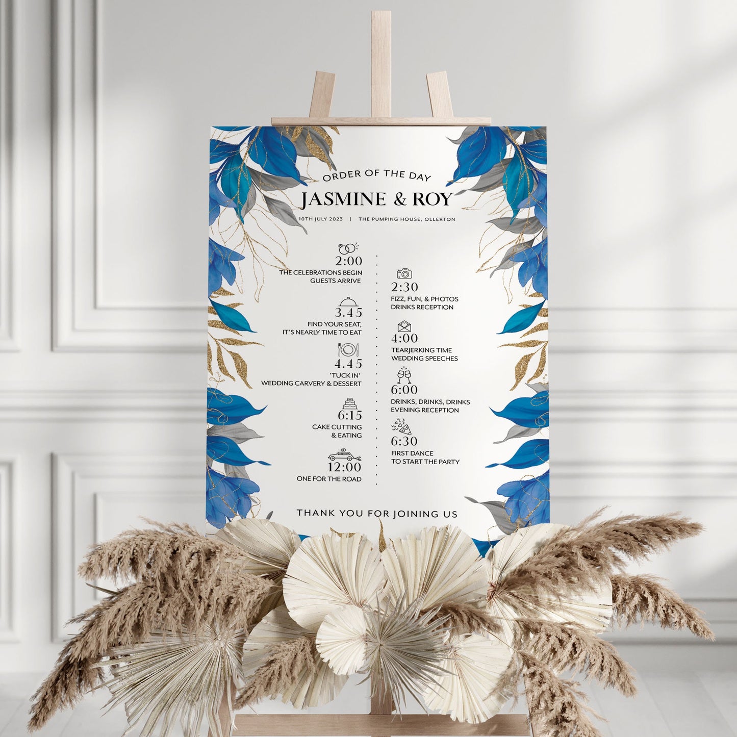 Blue and Gold Timeline Sign, Blue leaves Wedding Order of Events Sign, Welcome to our Wedding Sign, Wedding Decorations