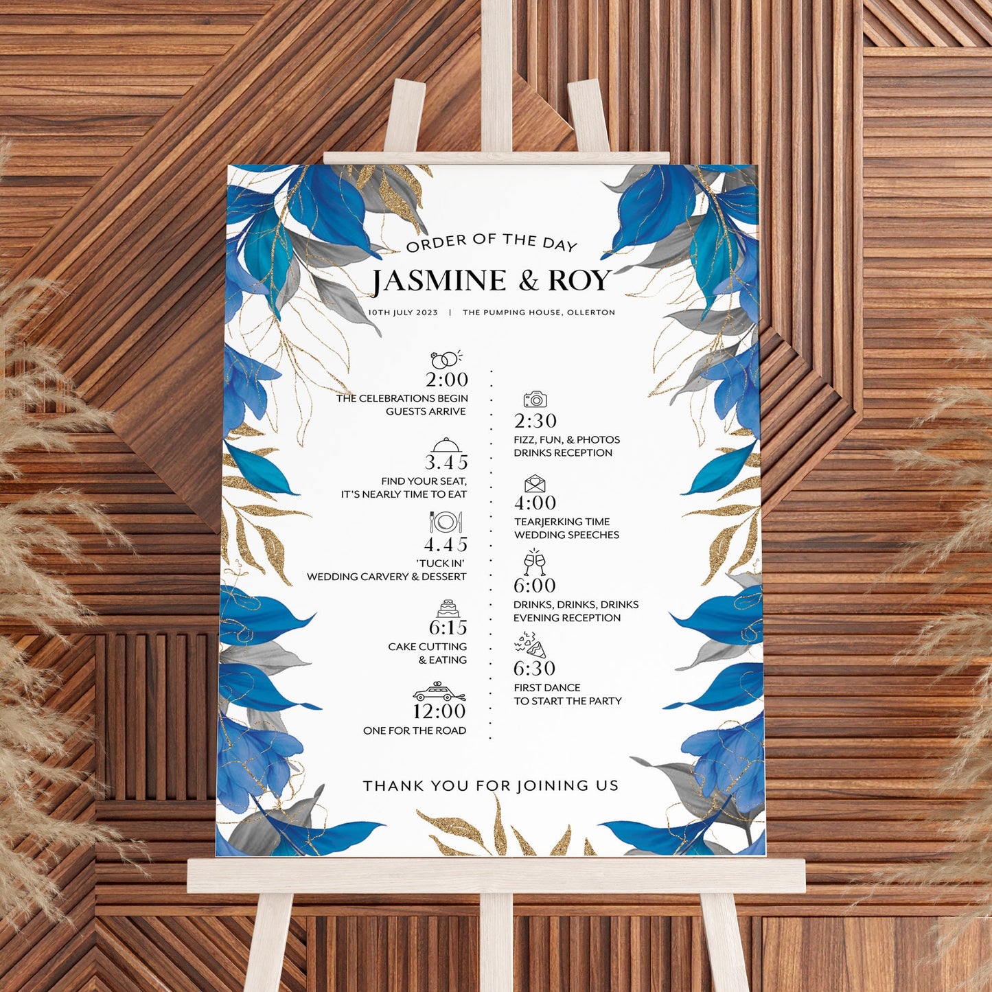 Blue and Gold Timeline Sign, Blue leaves Wedding Order of Events Sign, Welcome to our Wedding Sign, Wedding Decorations