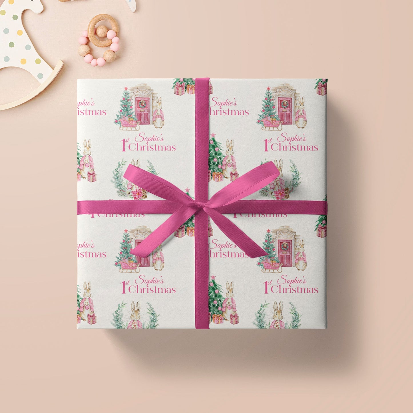 Personalised 1st Christmas Wrapping Paper, Pink Bunny Rabbit Xmas Wrapping Paper, Baby Girl's First Christmas Wrapping Paper