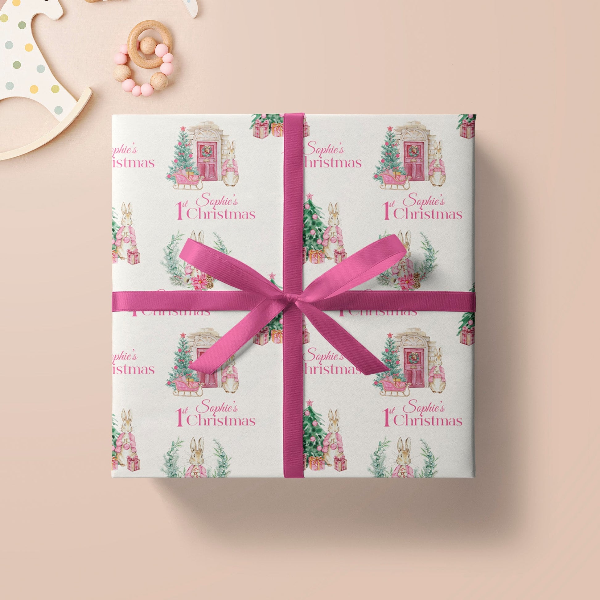 Personalised 1st Christmas Wrapping Paper, Pink Bunny Rabbit Xmas Wrapping Paper, Baby Girl's First Christmas Wrapping Paper