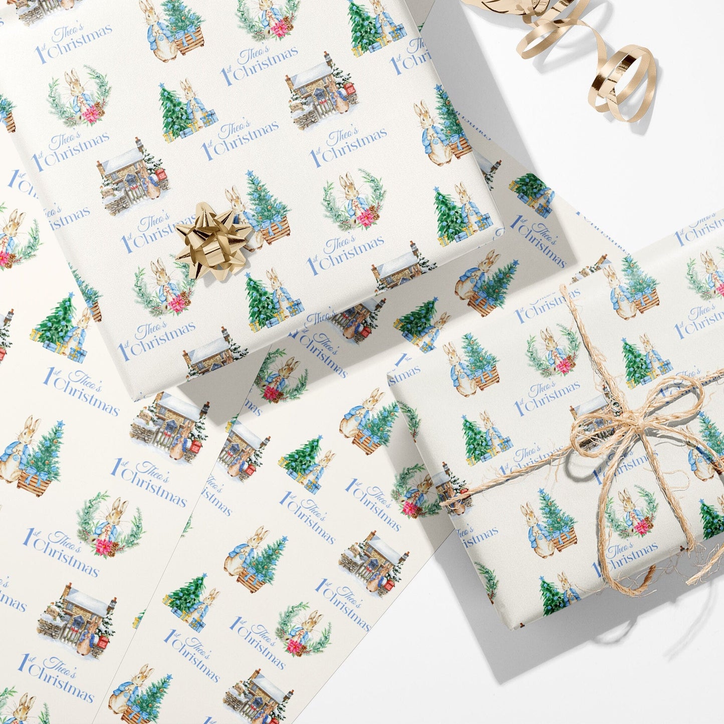 Personalised 1st Christmas Wrapping Paper, Pink Bunny Rabbit Xmas Wrapping Paper, Baby Girl's First Christmas Wrapping Paper