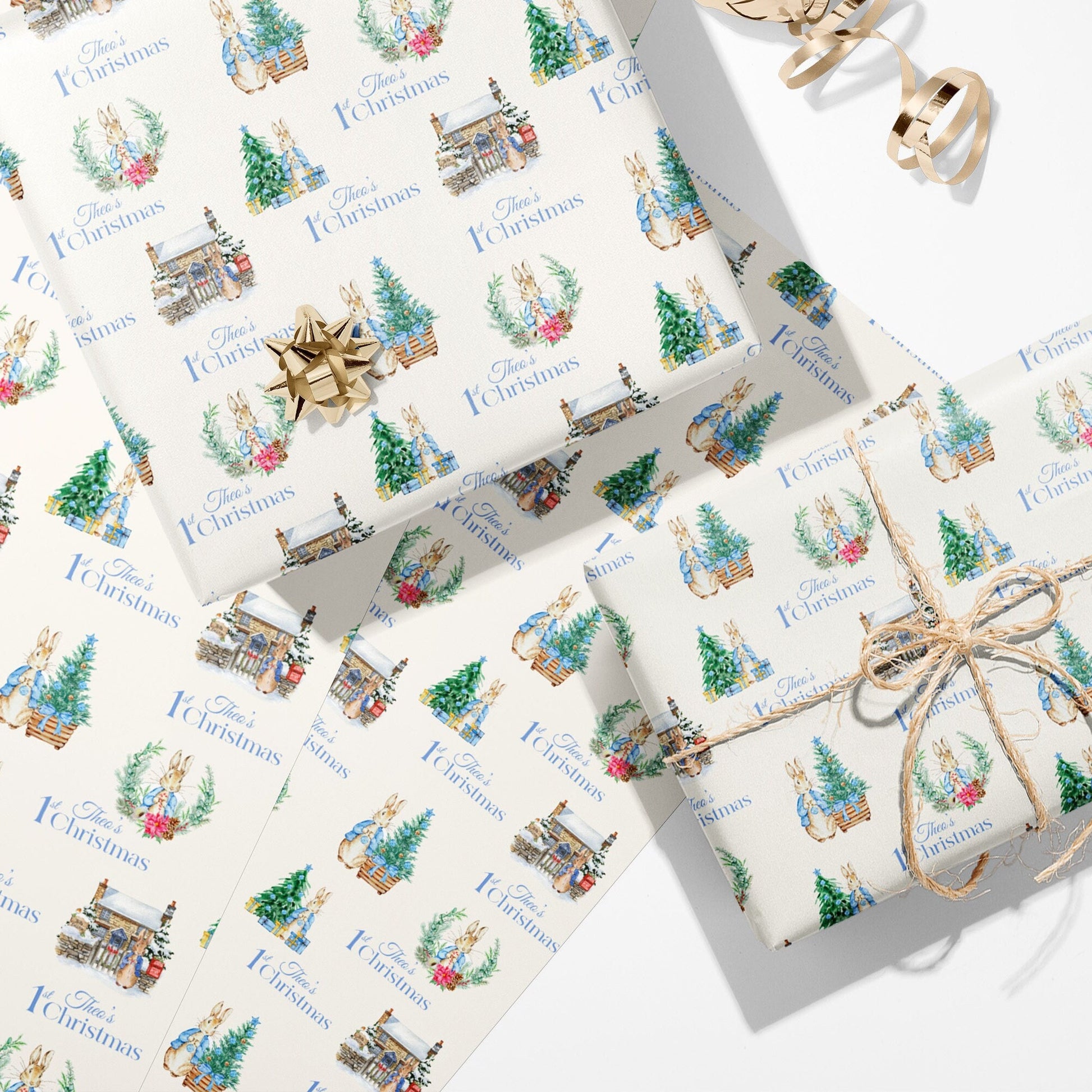 Personalised 1st Christmas Wrapping Paper, Pink Bunny Rabbit Xmas Wrapping Paper, Baby Girl's First Christmas Wrapping Paper