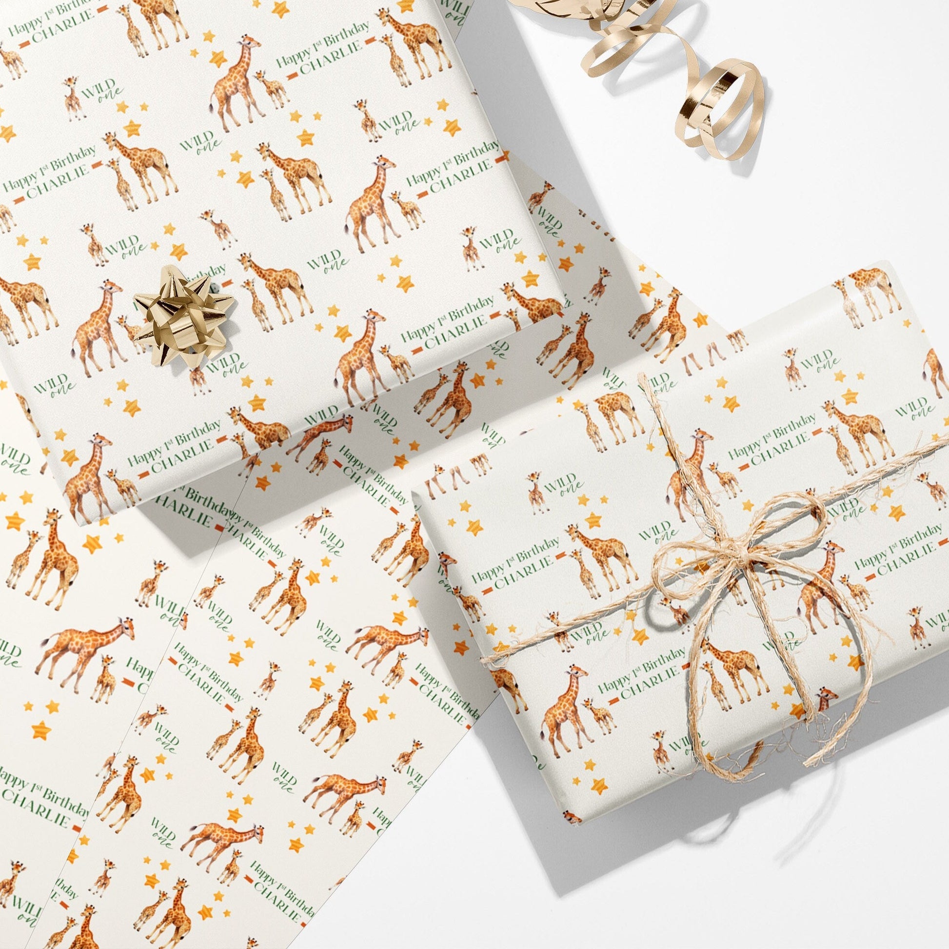 Personalised Wild One Birthday Wrapping Paper, Sarafi Animals Gift Wrap, Baby's First Birthday Wrapping Paper, Giraffe Theme