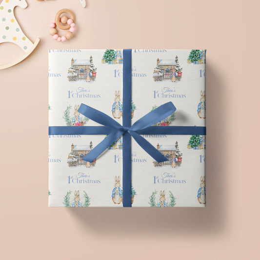 Baby's 1st Christmas Wrapping Paper, Personalised Blue Bunny Rabbit Xmas Wrapping Paper, Baby Boy First Christmas Wrapping Paper