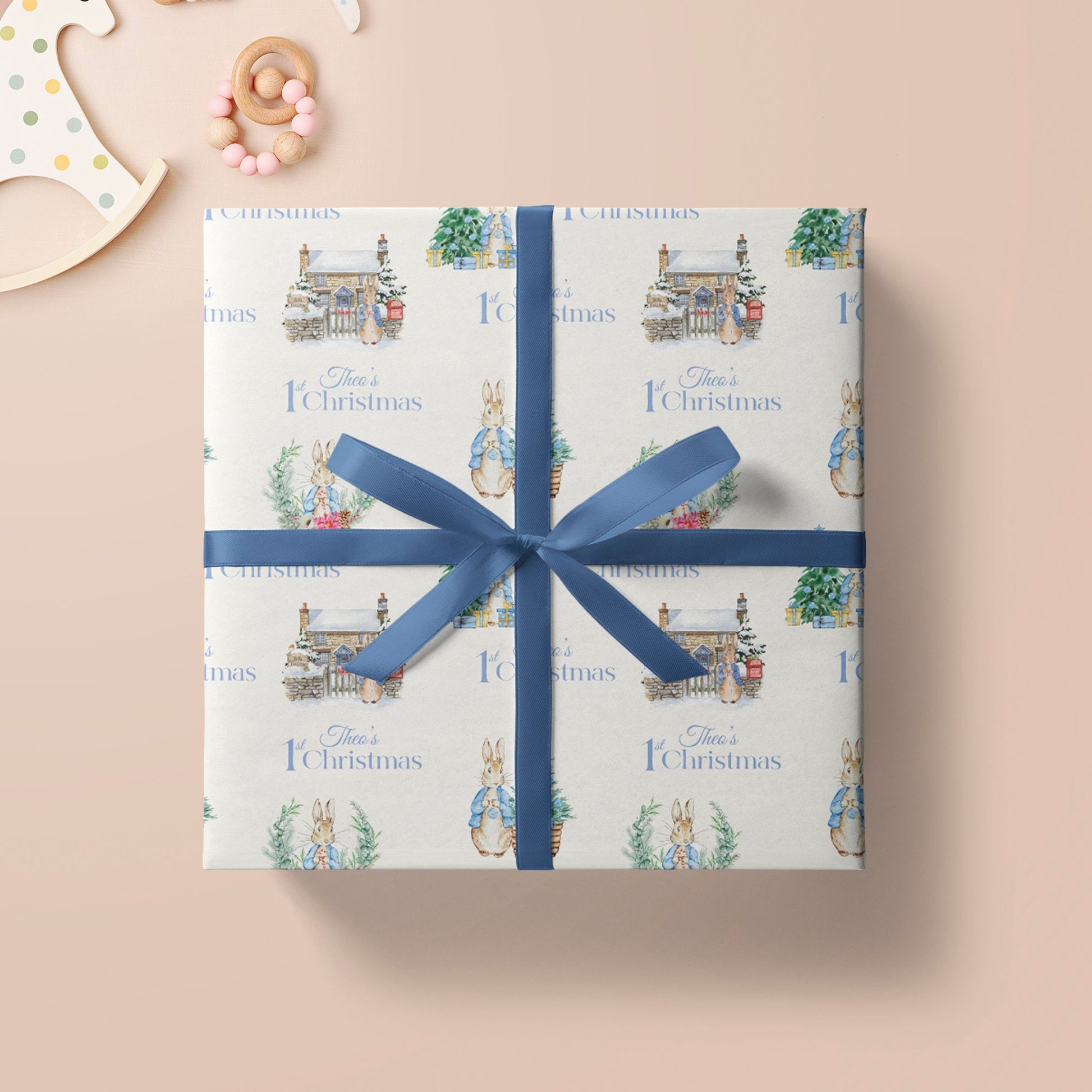 Personalised 1st Christmas Wrapping Paper, Pink Bunny Rabbit Xmas Wrapping Paper, Baby Girl's First Christmas Wrapping Paper