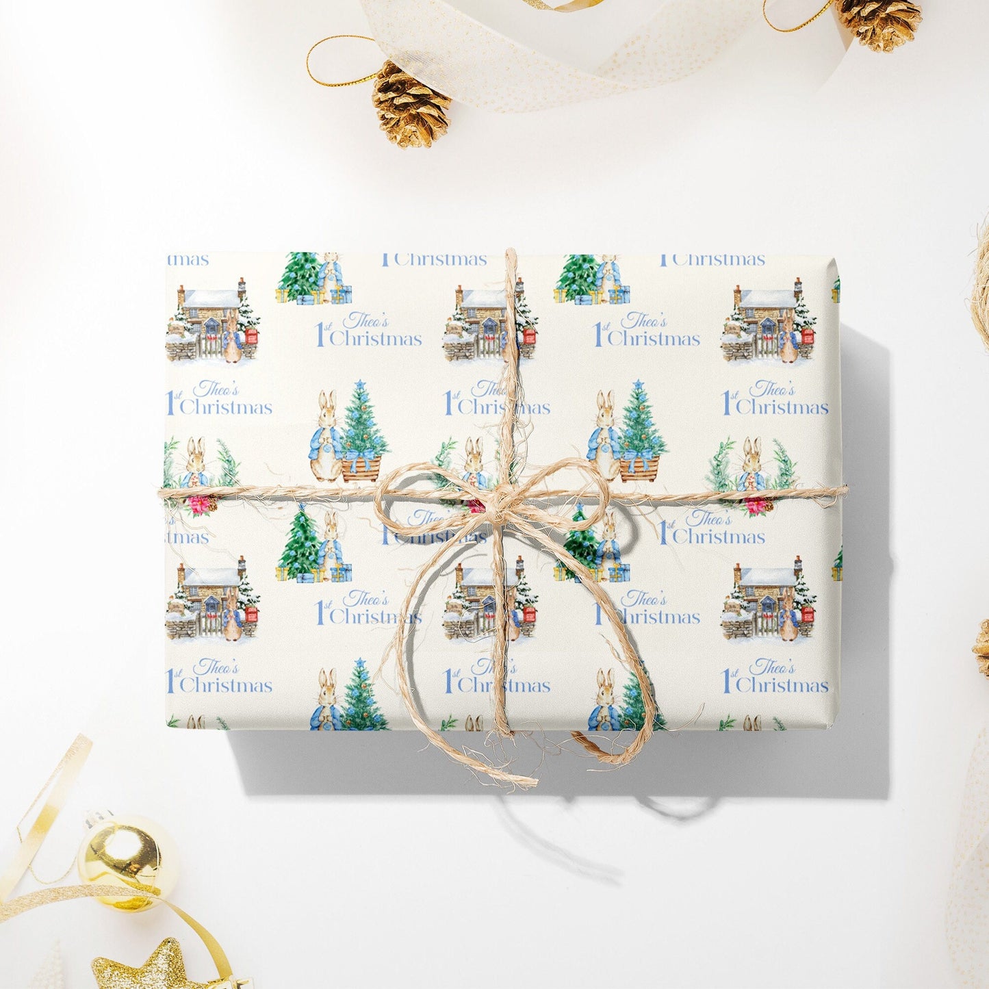 Personalised 1st Christmas Wrapping Paper, Pink Bunny Rabbit Xmas Wrapping Paper, Baby Girl's First Christmas Wrapping Paper