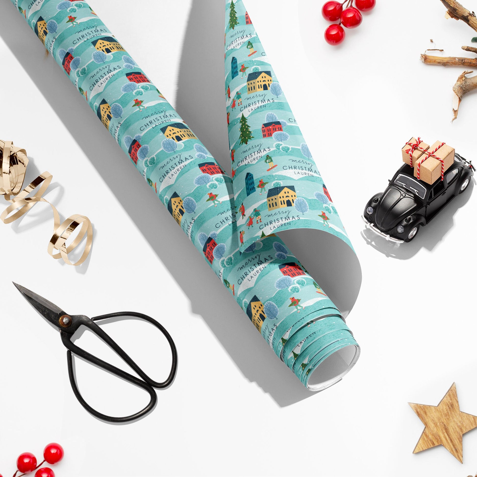 Snowy Scene Christmas Wrapping Paper, Personalised Christmas Paper, Name Christmas Gift Wrap, Luxury Christmas Wrapping Paper Roll