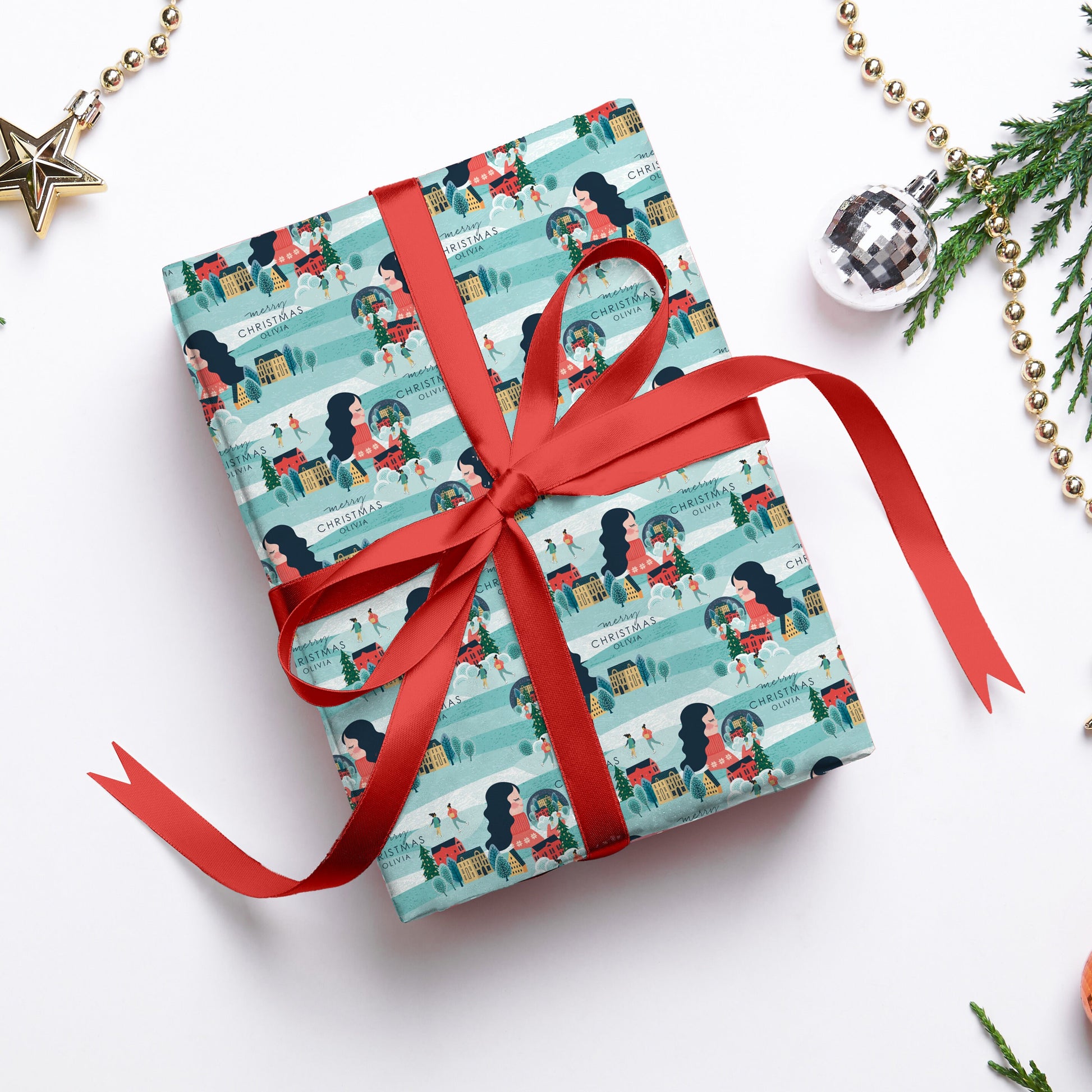 Personalised Snow Globe Christmas Wrapping Paper, Luxury Xmas Gift Wrap, Name Christmas Wrapping Paper Roll, Festive Wrapping Paper