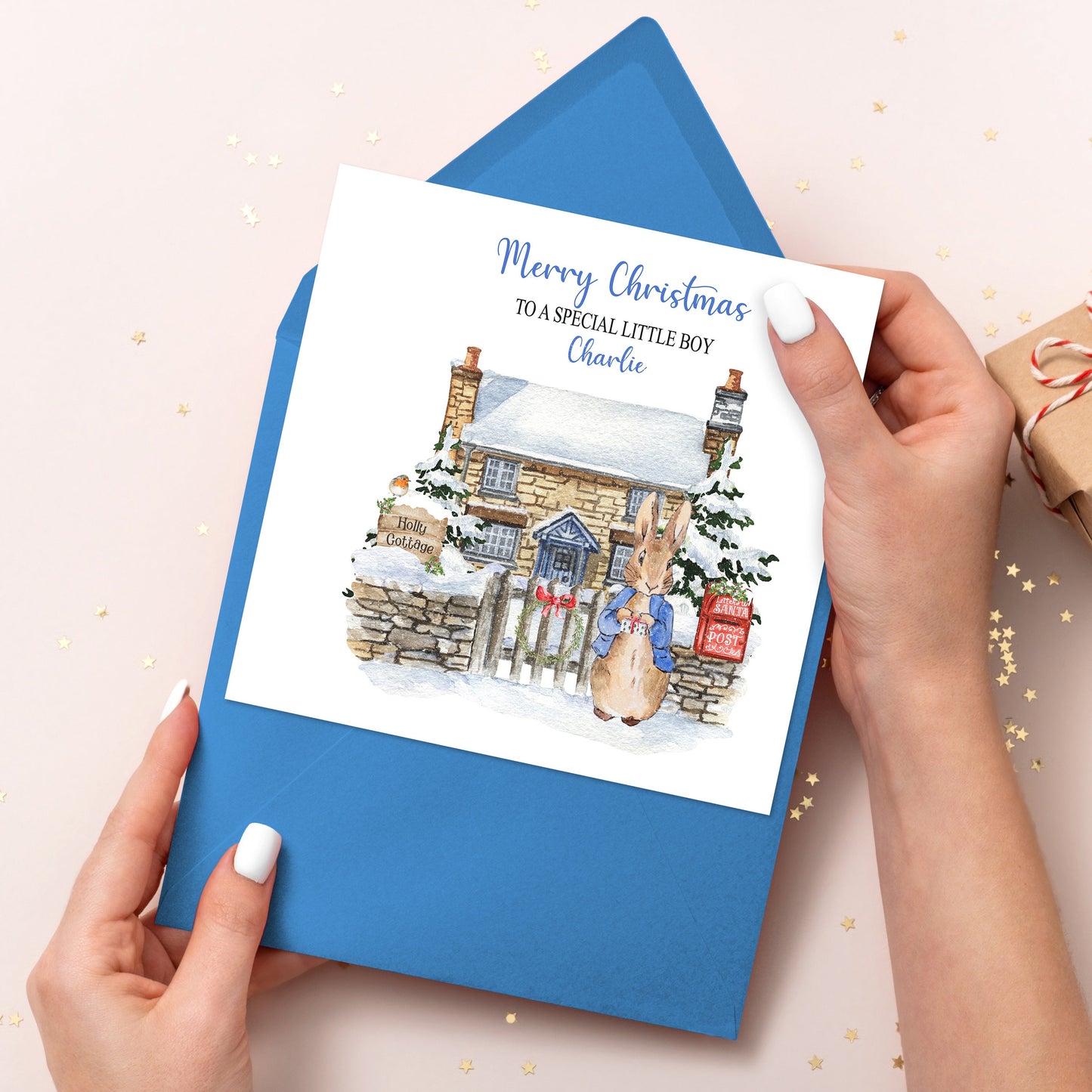 Personalised 1st Christmas Wrapping Paper, Pink Bunny Rabbit Xmas Wrapping Paper, Baby Girl's First Christmas Wrapping Paper