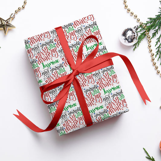 Merry Little Christmas Wrapping Paper, Personalised Xmas Gift Wrap, Luxury Name Wrapping Paper, Eco Christmas Gift Wrap Recycled Paper