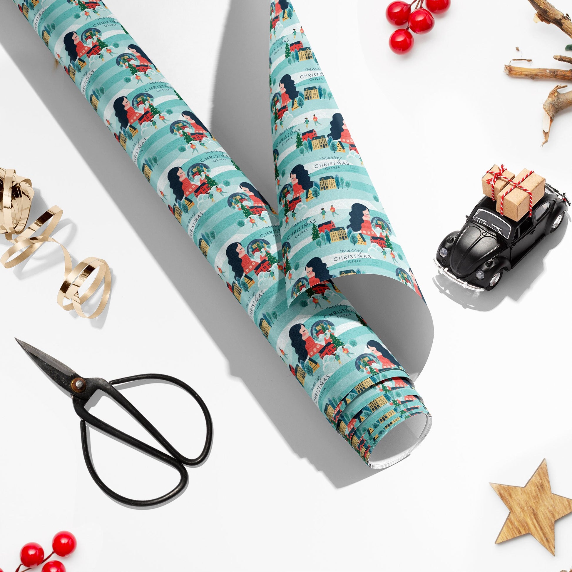 Personalised Snow Globe Christmas Wrapping Paper, Luxury Xmas Gift Wrap, Name Christmas Wrapping Paper Roll, Festive Wrapping Paper