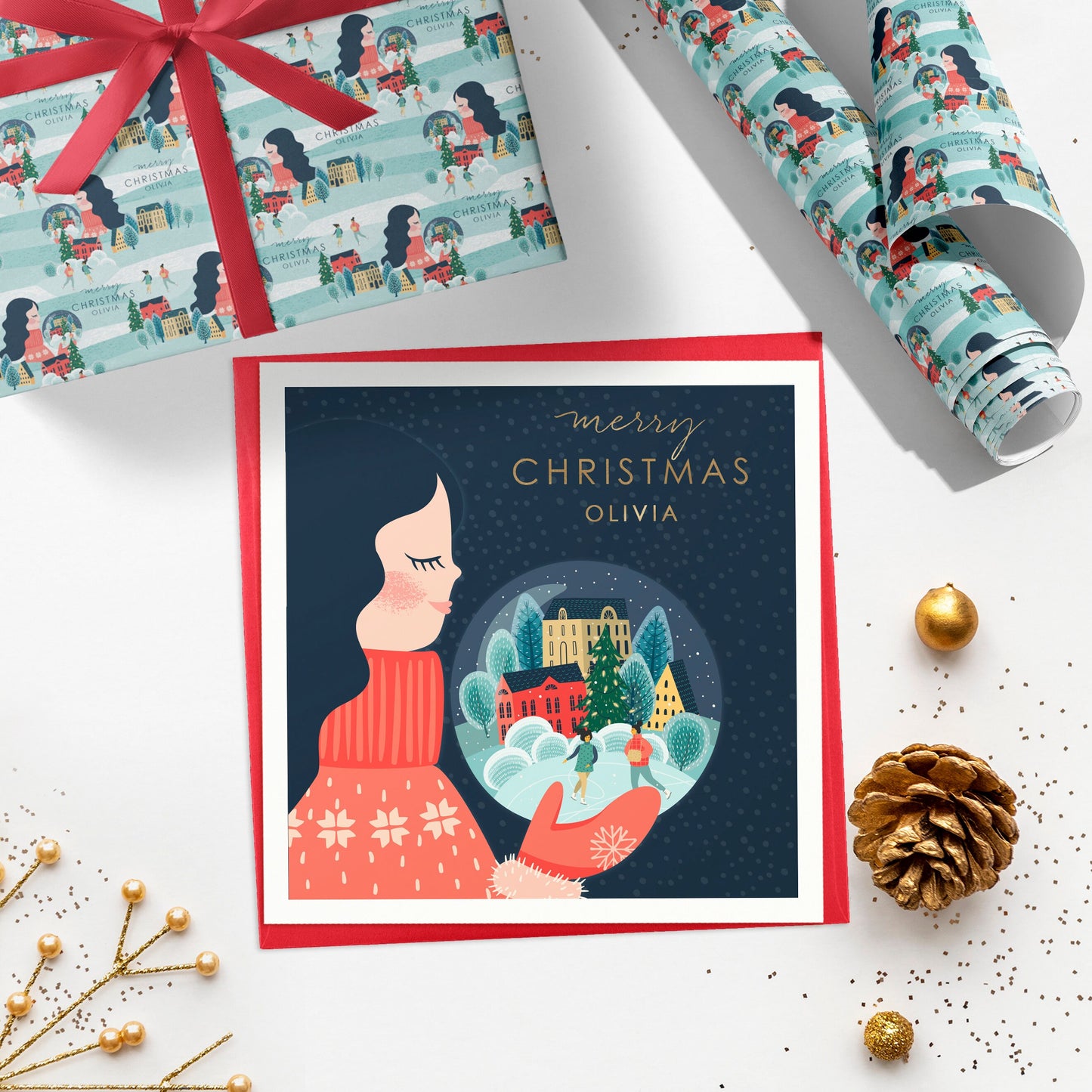 Personalised Snow Globe Christmas Wrapping Paper, Luxury Xmas Gift Wrap, Name Christmas Wrapping Paper Roll, Festive Wrapping Paper