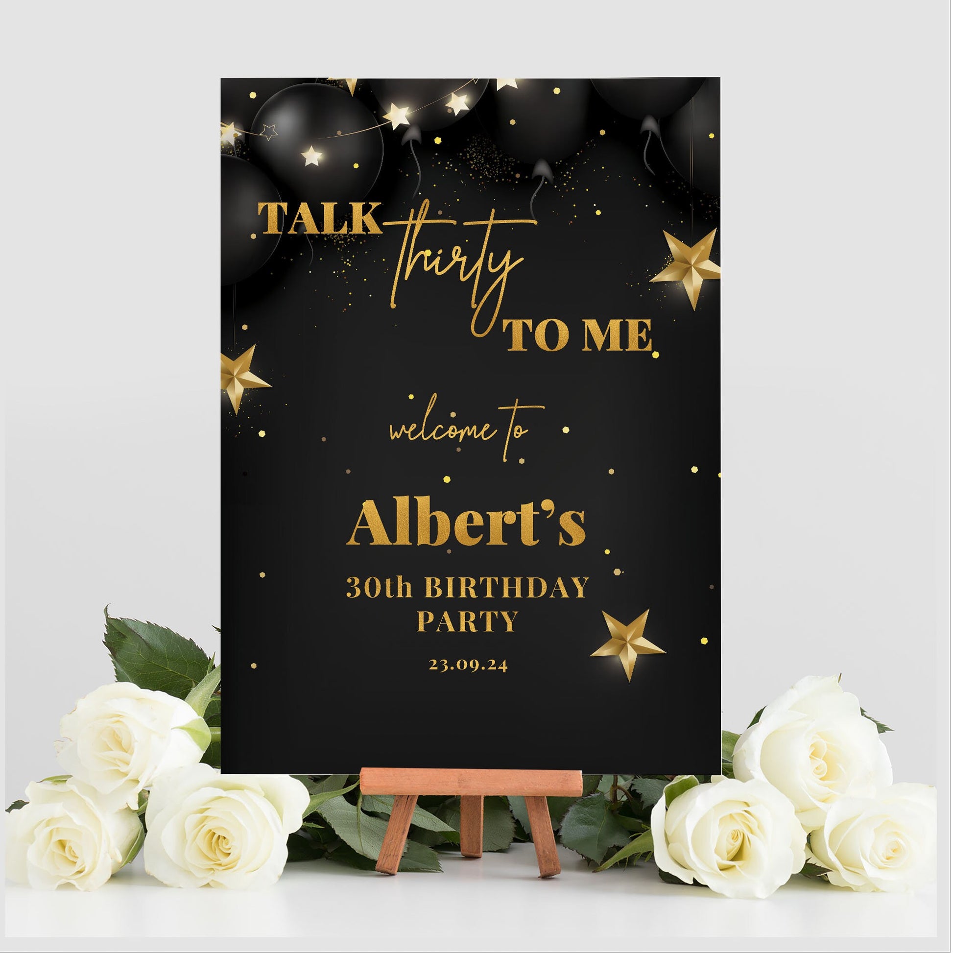 Black and Gold Talk Thirty To Me Birthday Party Selfie Frame & Party Sign, Gold 30th Birthday Decor, Personalised 30th Photobooth Frame