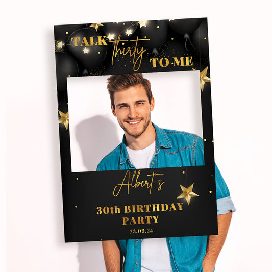 Black and Gold Talk Thirty To Me Birthday Party Selfie Frame & Party Sign, Gold 30th Birthday Decor, Personalised 30th Photobooth Frame