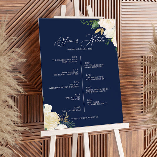 Navy Wedding Order of the Day Sign, Navy & White Floral Wedding Order of Events Board, Navy Wedding Sign, Navy Wedding Decorations