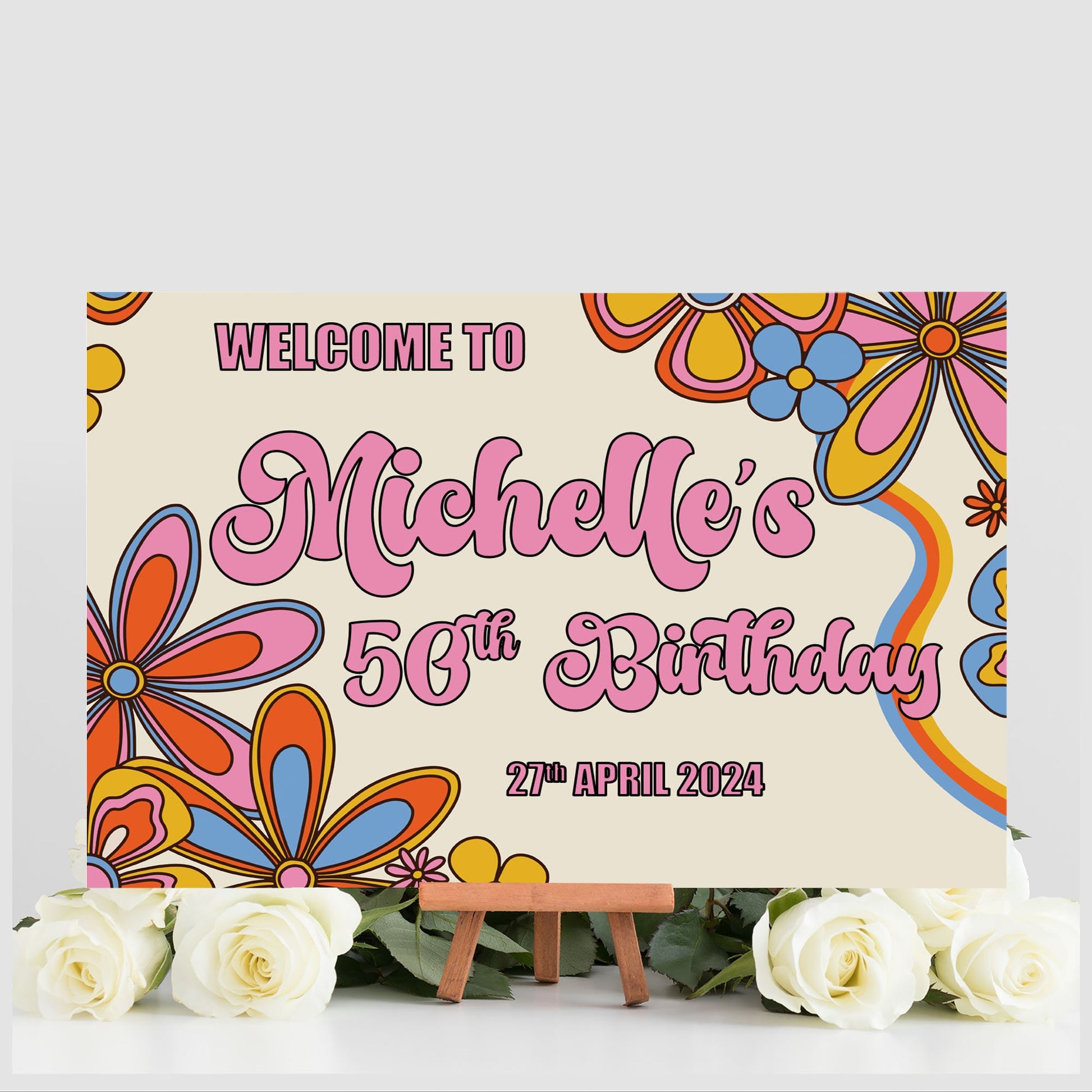 Retro Birthday Party Photobooth Frame and Matching Party Sign, Editable Template, 70's Party Theme, 60's Theme, Retro Groovy Party Decor