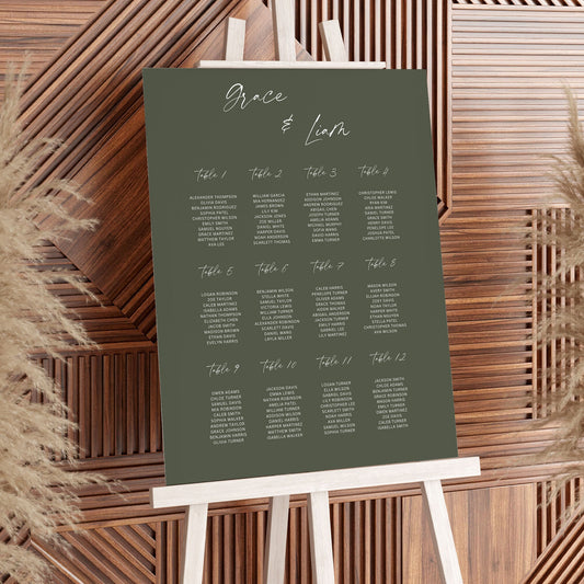 Olive Green Wedding Table Plan, Wedding Seating Sign, Olive Green Wedding Decor, Simple Olive Green Wedding Seating Plan Sign