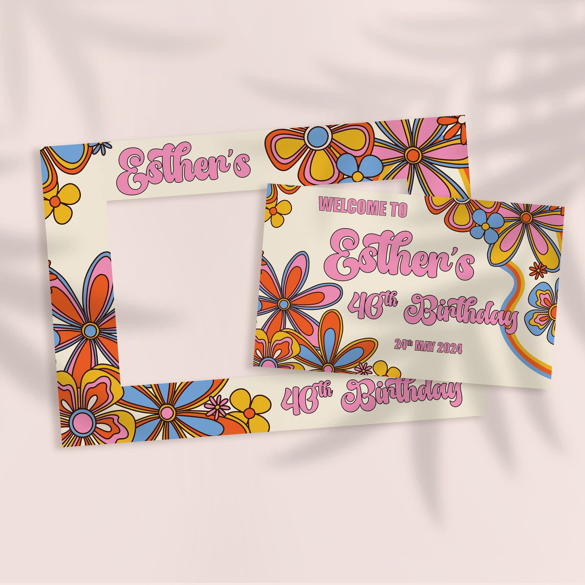 Retro Birthday Party Photobooth Frame and Matching Party Sign, Editable Template, 70's Party Theme, 60's Theme, Retro Groovy Party Decor