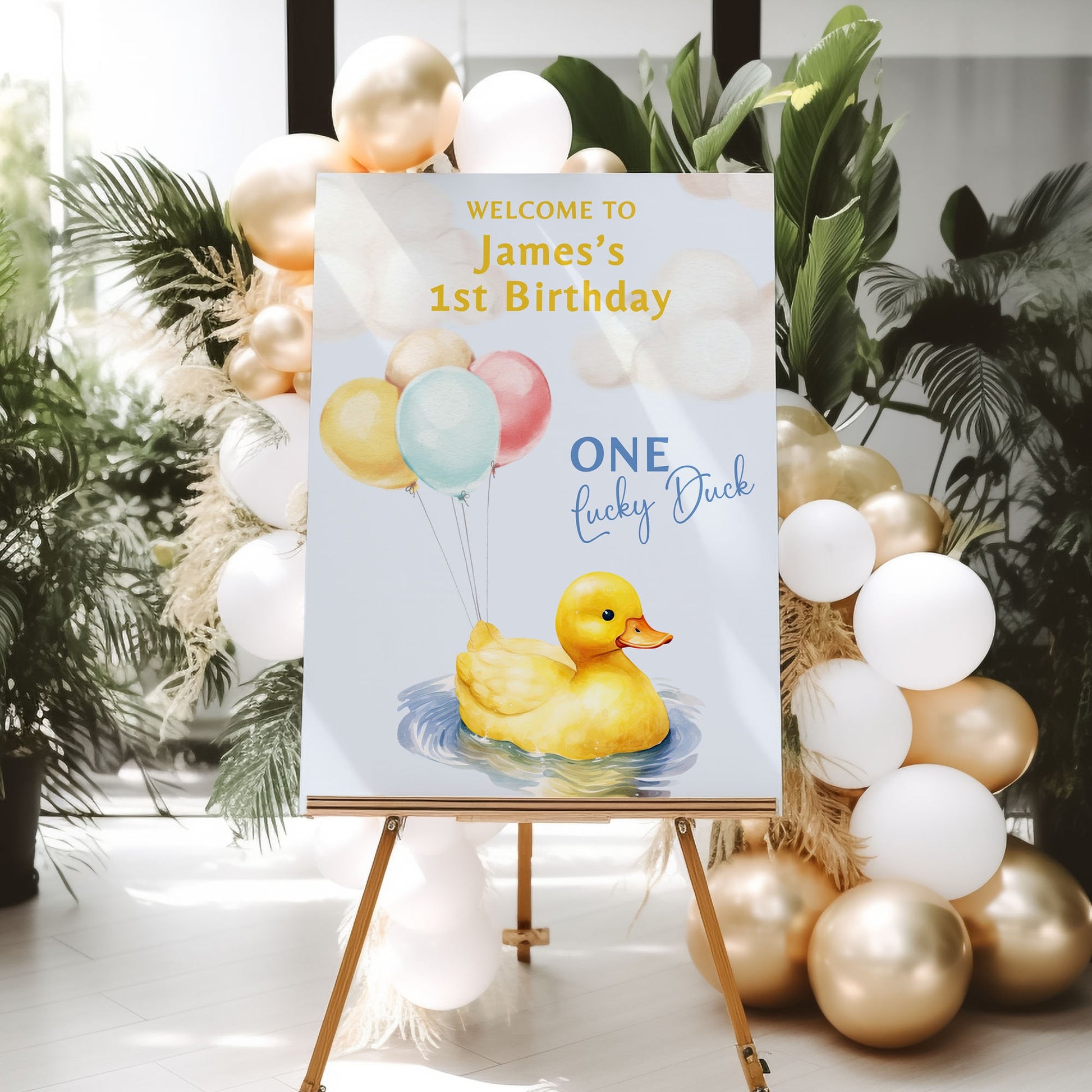 Duck First Birthday Party Welcome Sign One Lucky Duck Birthday Sign Rubber Duck Party Sign, Printed Foamboard