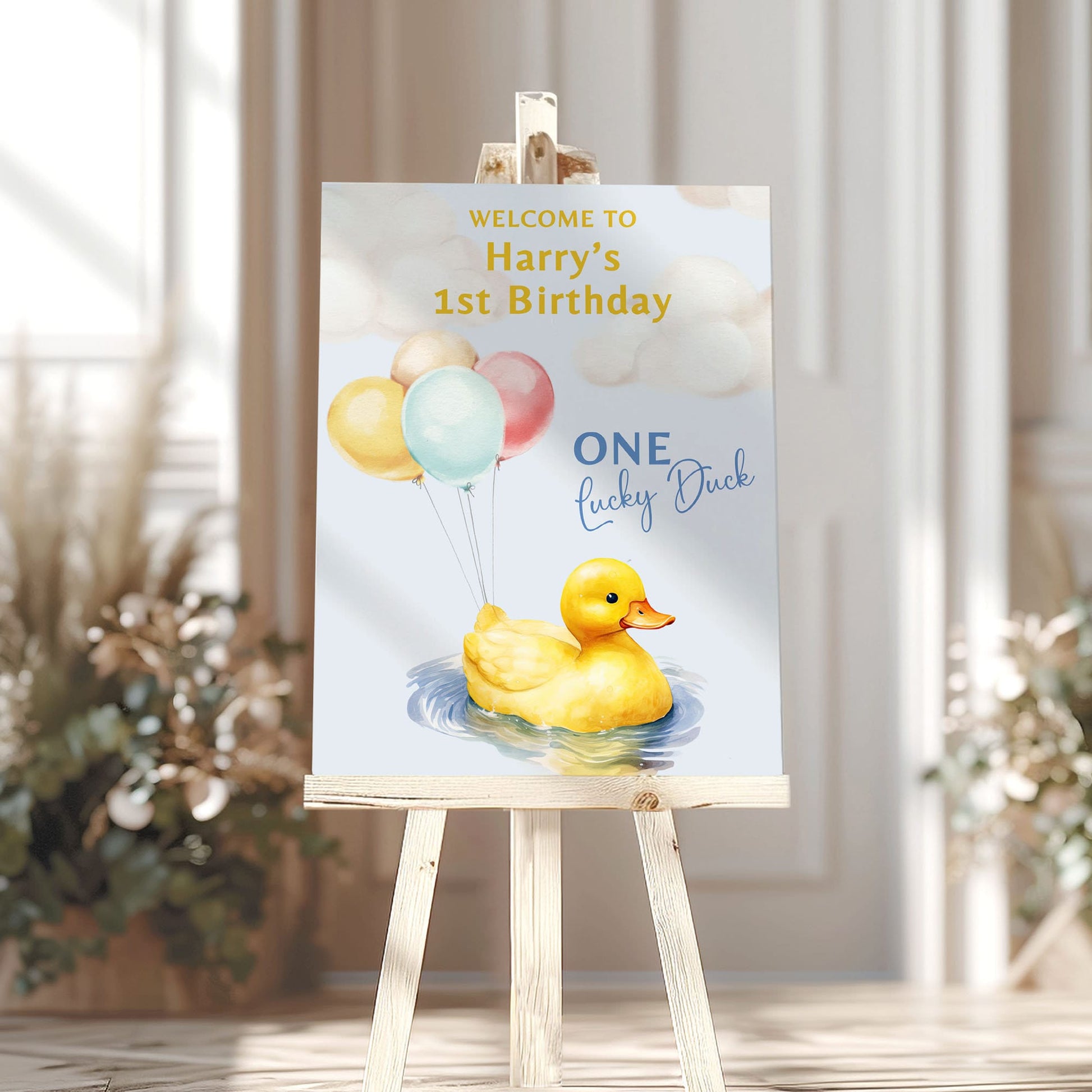 Duck First Birthday Party Welcome Sign One Lucky Duck Birthday Sign Rubber Duck Party Sign, Printed Foamboard